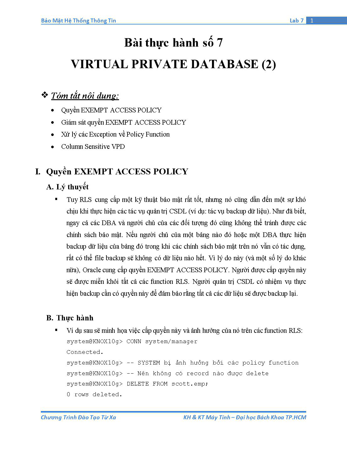 Tài liệu thực hành Bảo mật hệ thống thông tin - Bài thực hành số 7: Virtual Private Database (Phần 2) trang 1