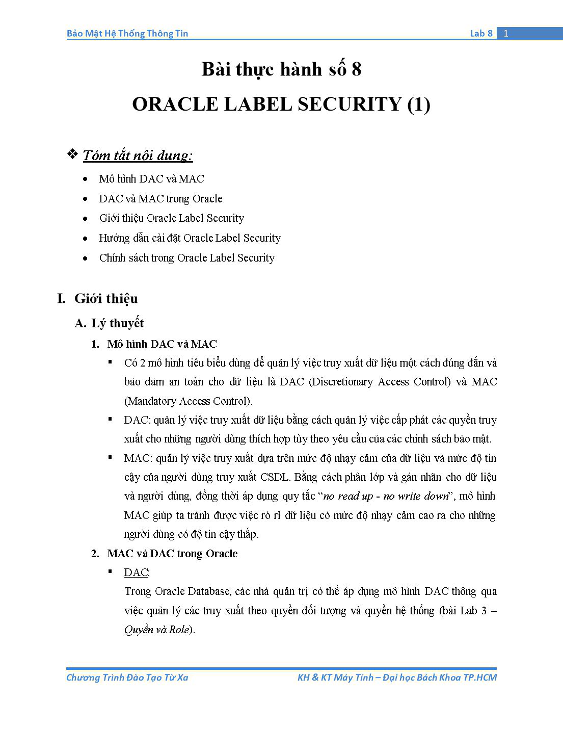 Tài liệu thực hành Bảo mật hệ thống thông tin - Bài thực hành số 8: Oracle Label Security (Phần 1) trang 1