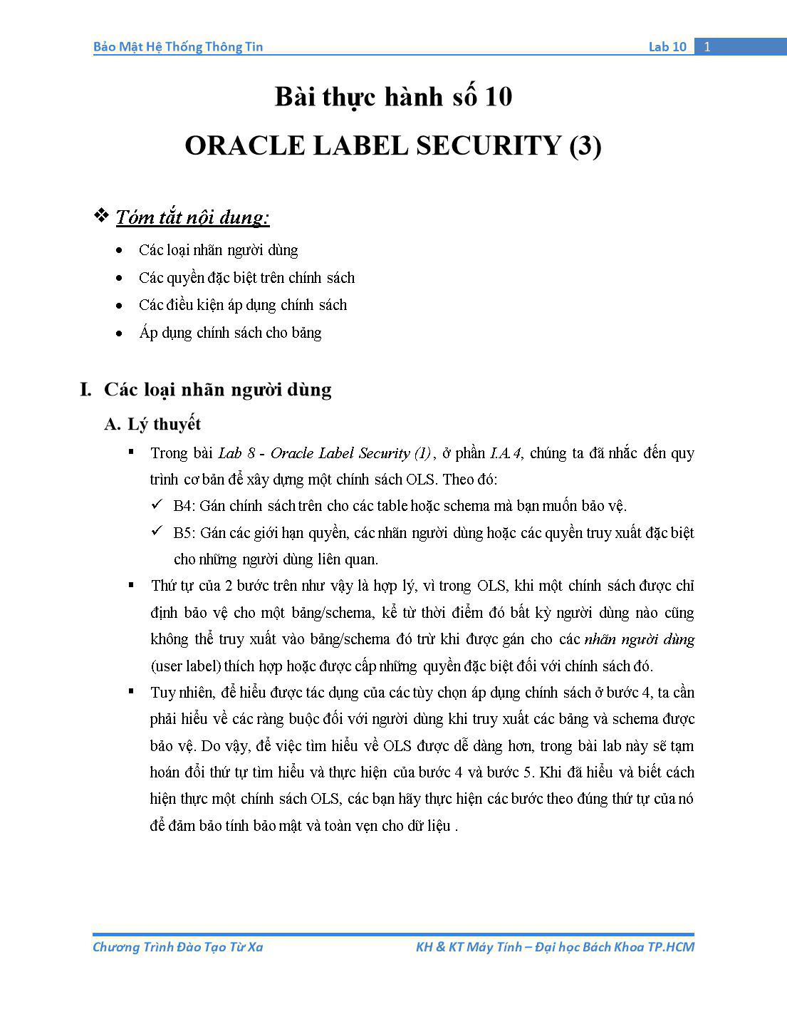 Tài liệu thực hành Bảo mật hệ thống thông tin - Bài thực hành số 10: Oracle Label Security (Phần 3) trang 1