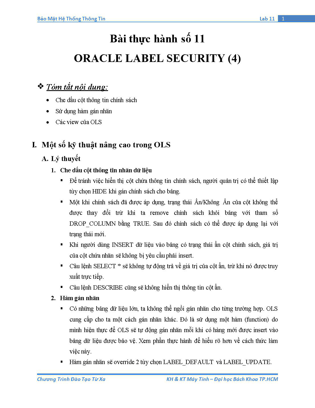 Tài liệu thực hành Bảo mật hệ thống thông tin - Bài thực hành số 11: Oracle Label Security (Phần 4) trang 1