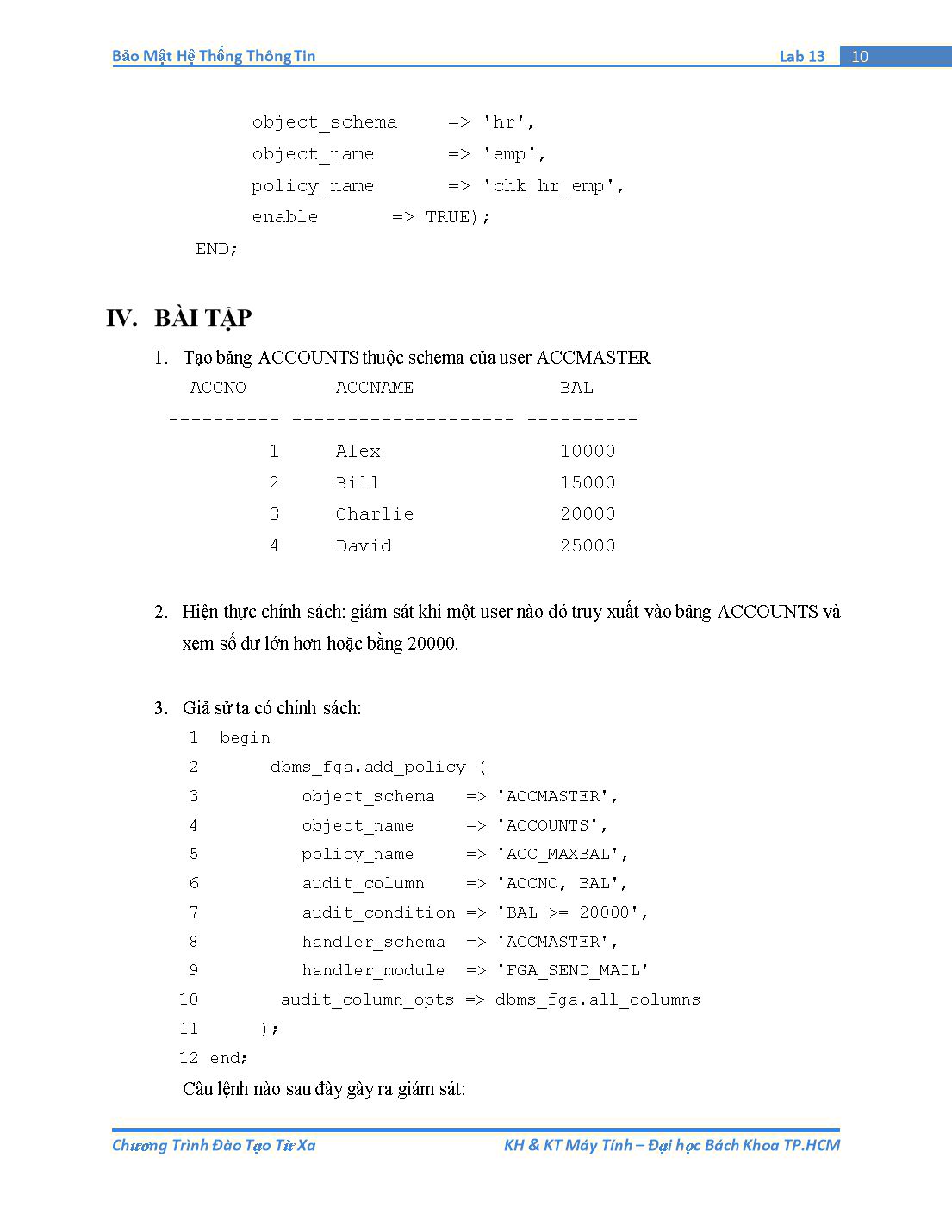 Tài liệu thực hành Bảo mật hệ thống thông tin - Bài thực hành số 13: Fine-grained Auditing trang 10