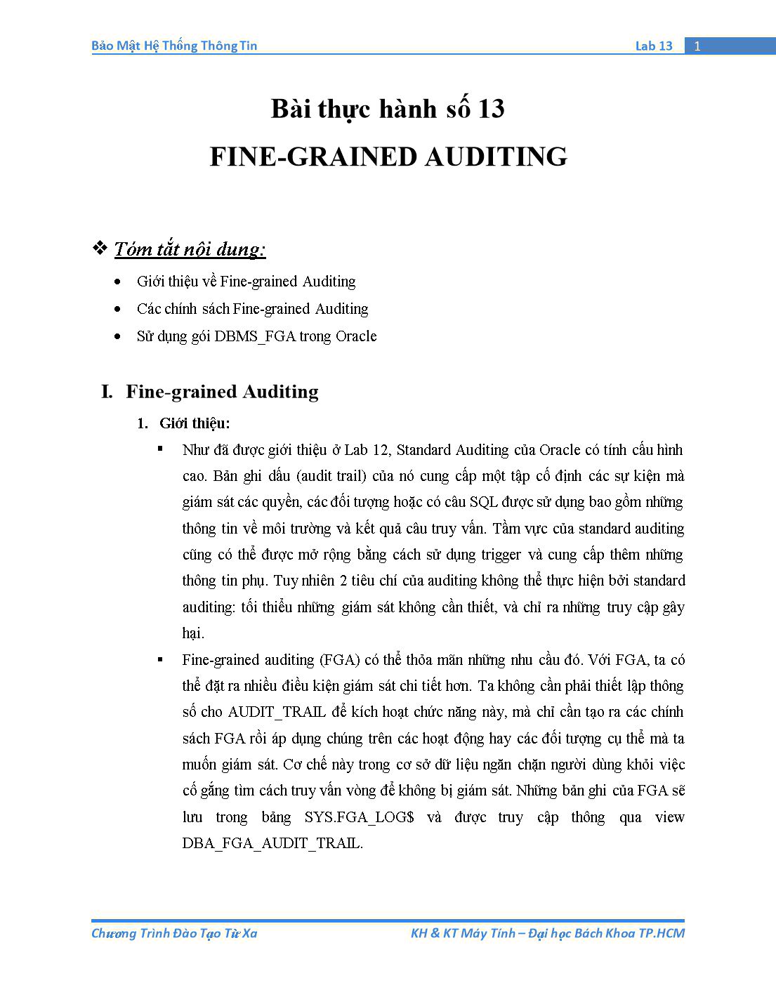 Tài liệu thực hành Bảo mật hệ thống thông tin - Bài thực hành số 13: Fine-grained Auditing trang 1