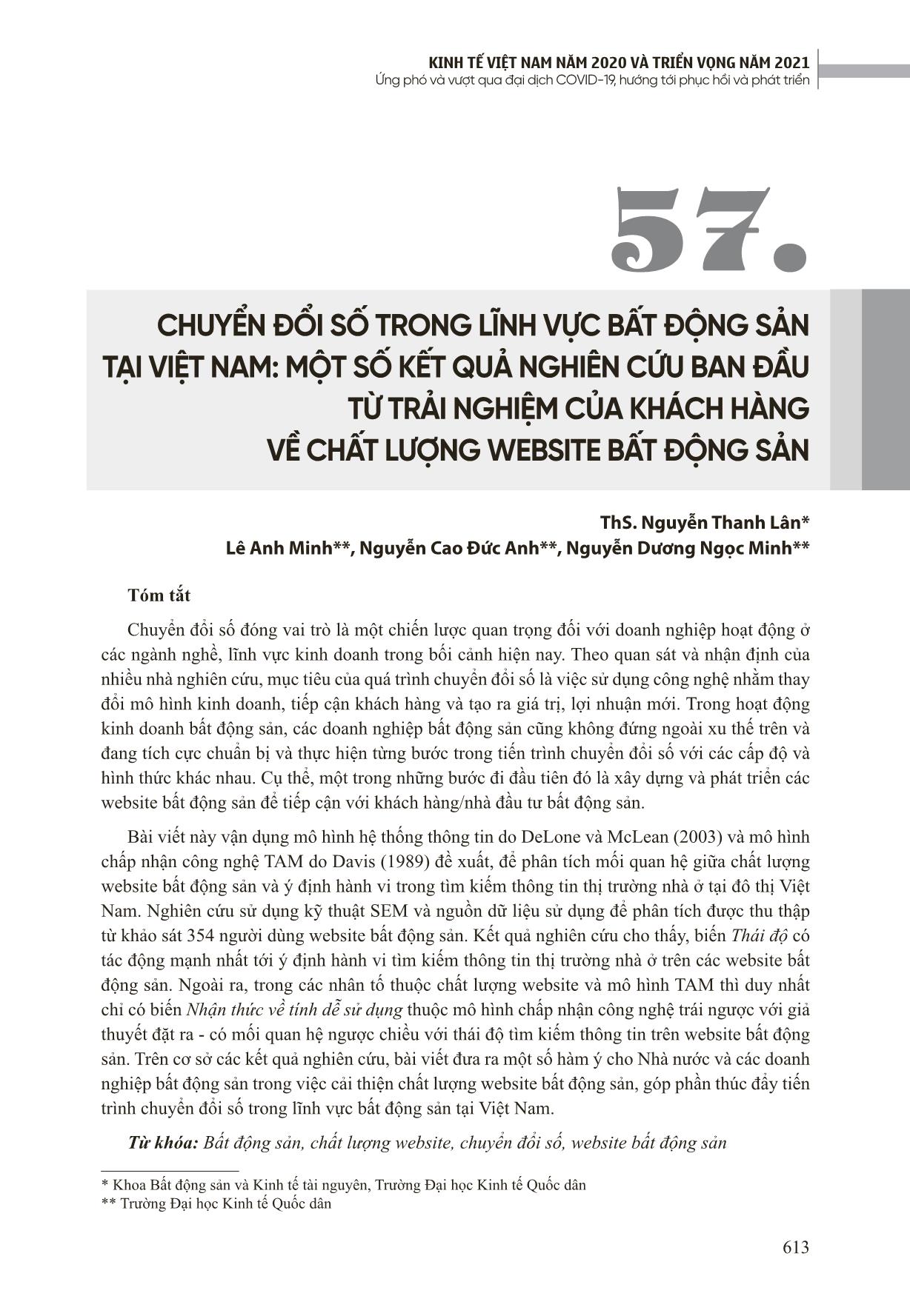 Chuyển đổi số trong lĩnh vực bất động sản tại Việt Nam: Một số kết quả nghiên cứu ban đầu từ trải nghiệm của khách hàng về chất lượng website bất động sản trang 1