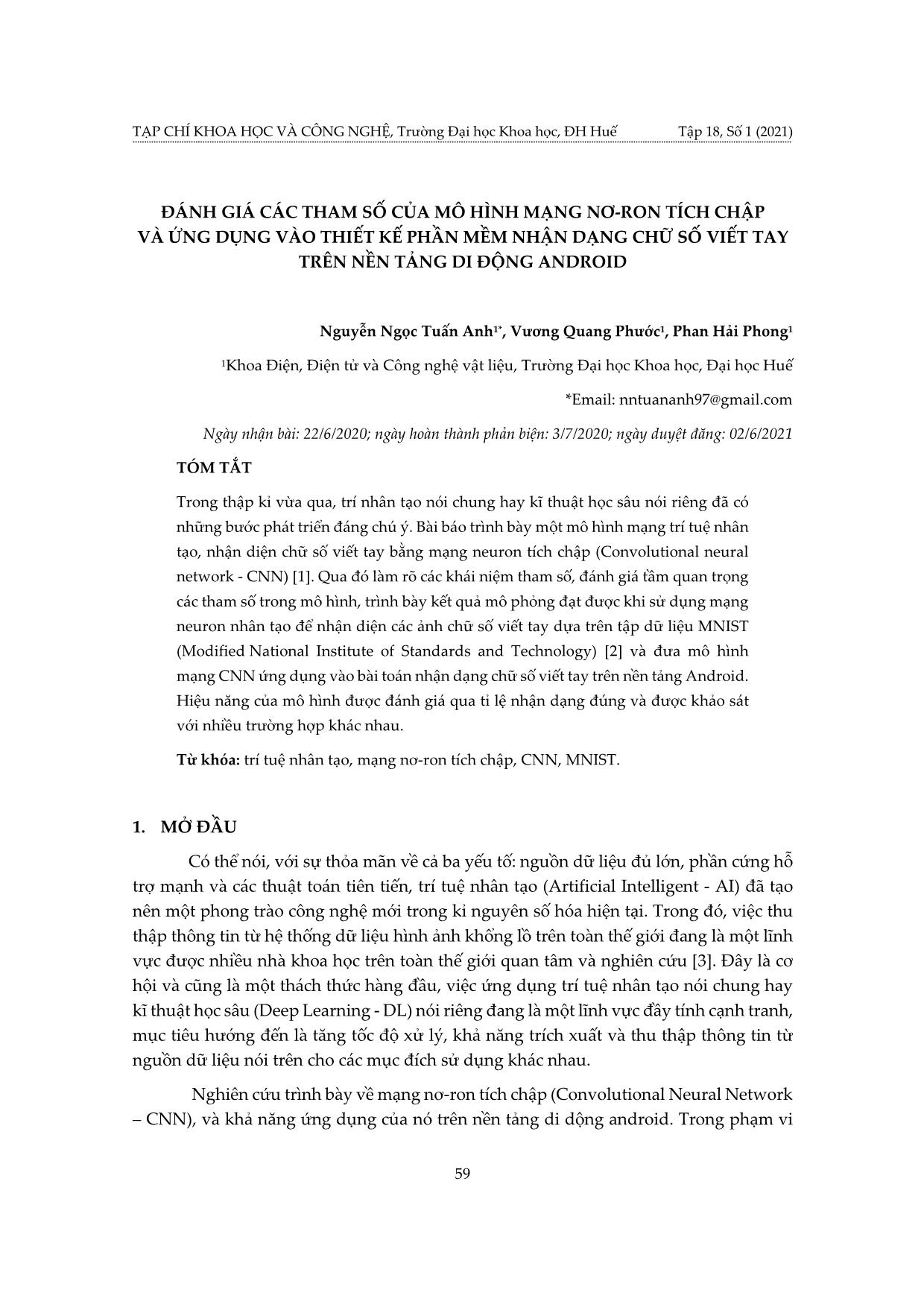 Ánh giá các tham số của mô hình mạng nơ-ron tích chập và ứng dụng vào thiết kế phần mềm nhận dạng chữ số viết tay trên nền tảng di động Android trang 1