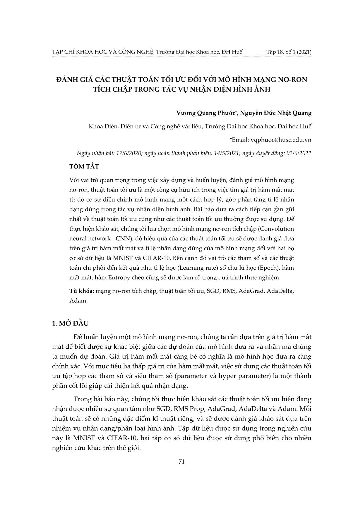 Đánh giá các thuật toán tối ưu đối với mô hình mạng nơ-ron tích chập trong tác vụ nhận diện hình ảnh trang 1