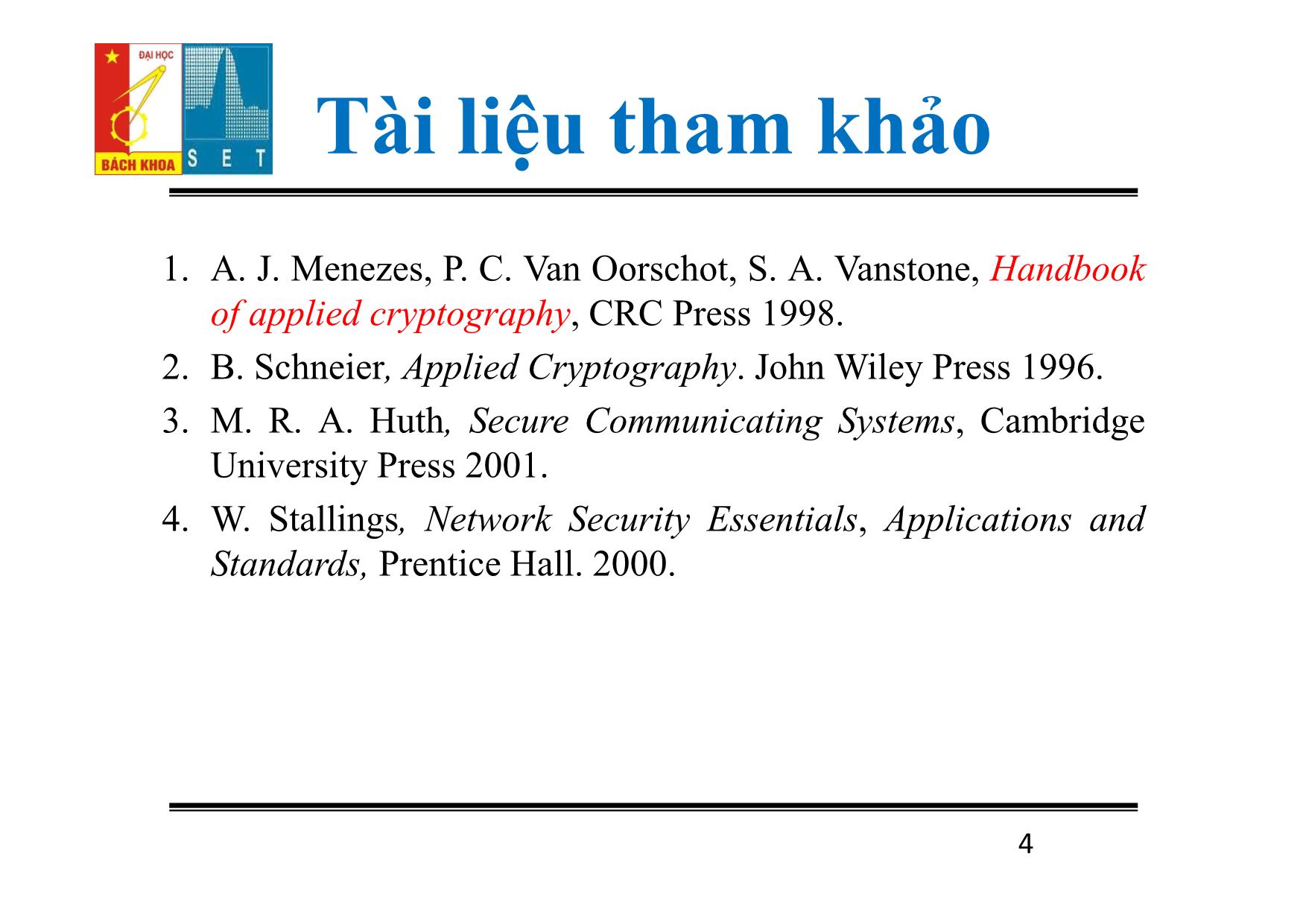 Bài giảng Lý thuyết mật mã - Chương 1: Tổng quan - Đỗ Trọng Tuấn trang 4