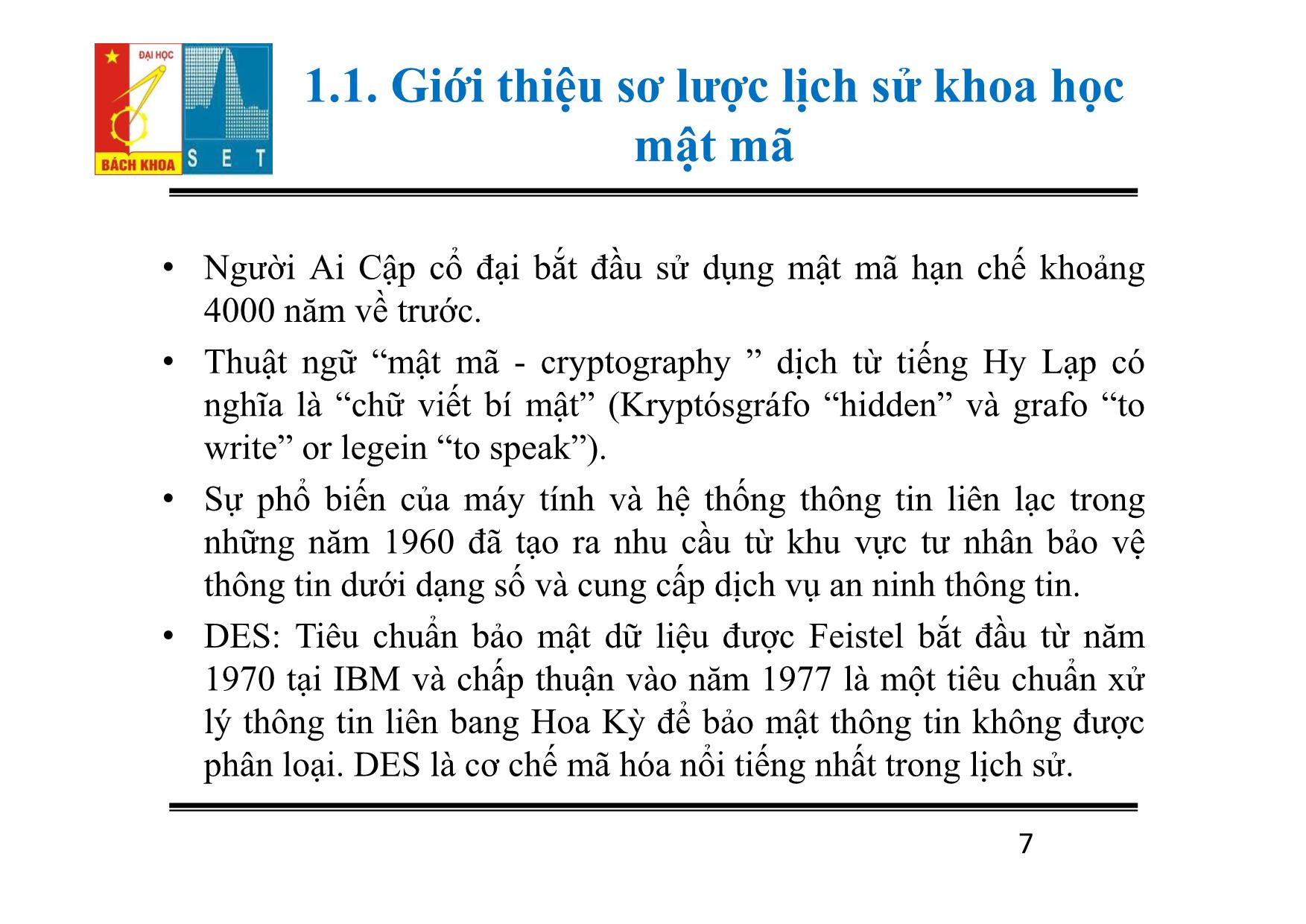 Bài giảng Lý thuyết mật mã - Chương 1: Tổng quan - Đỗ Trọng Tuấn trang 7