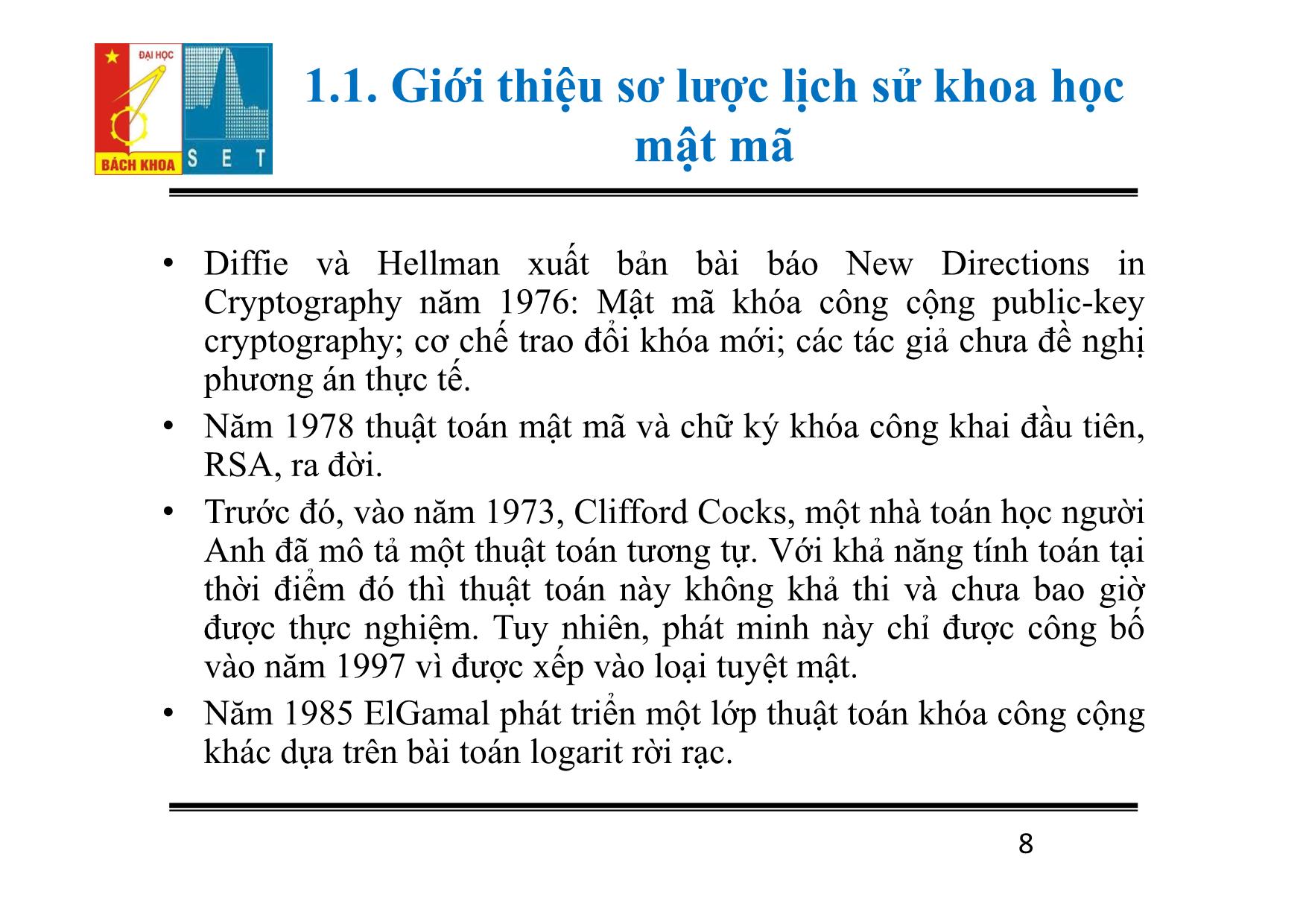 Bài giảng Lý thuyết mật mã - Chương 1: Tổng quan - Đỗ Trọng Tuấn trang 8