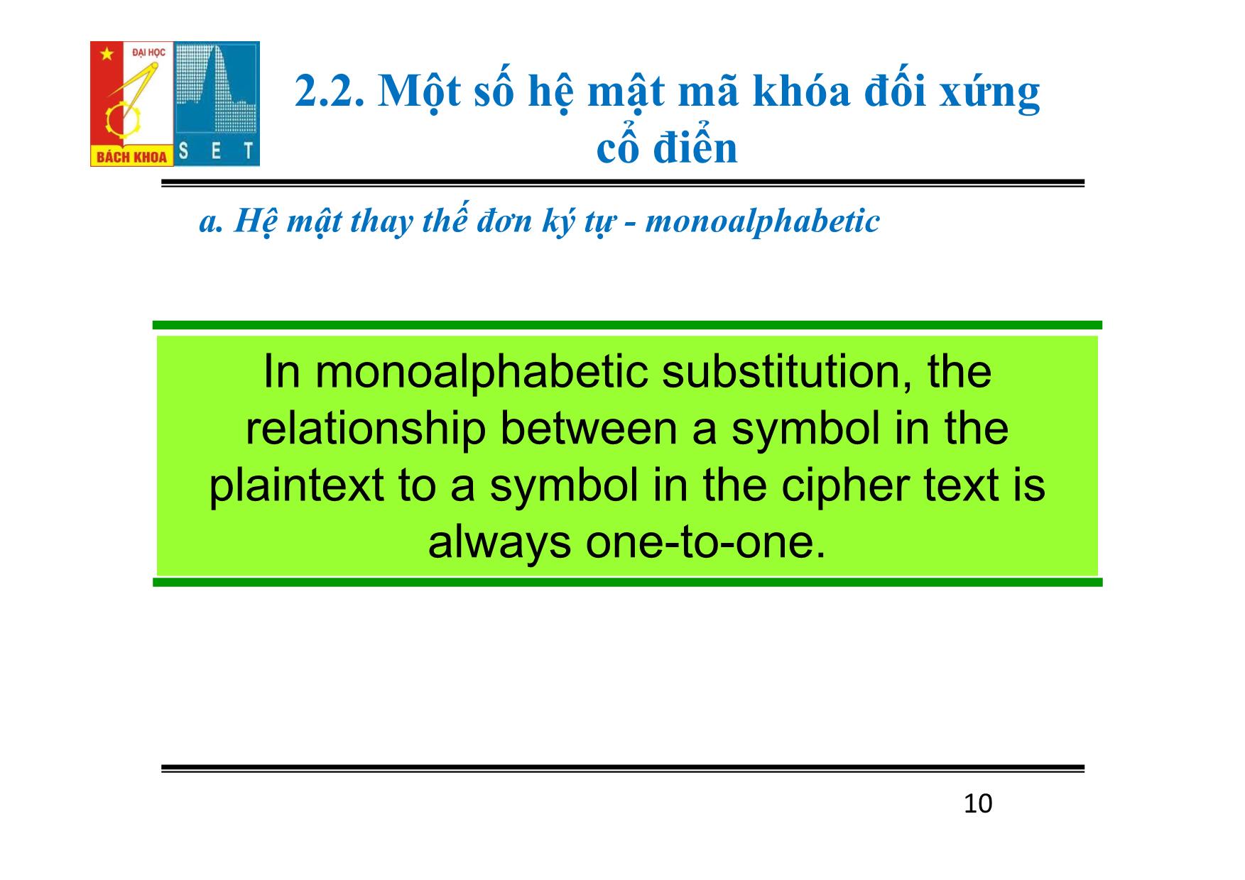 Bài giảng Lý thuyết mật mã - Chương 2: Mật mã khóa đối xứng - Đỗ Trọng Tuấn trang 10