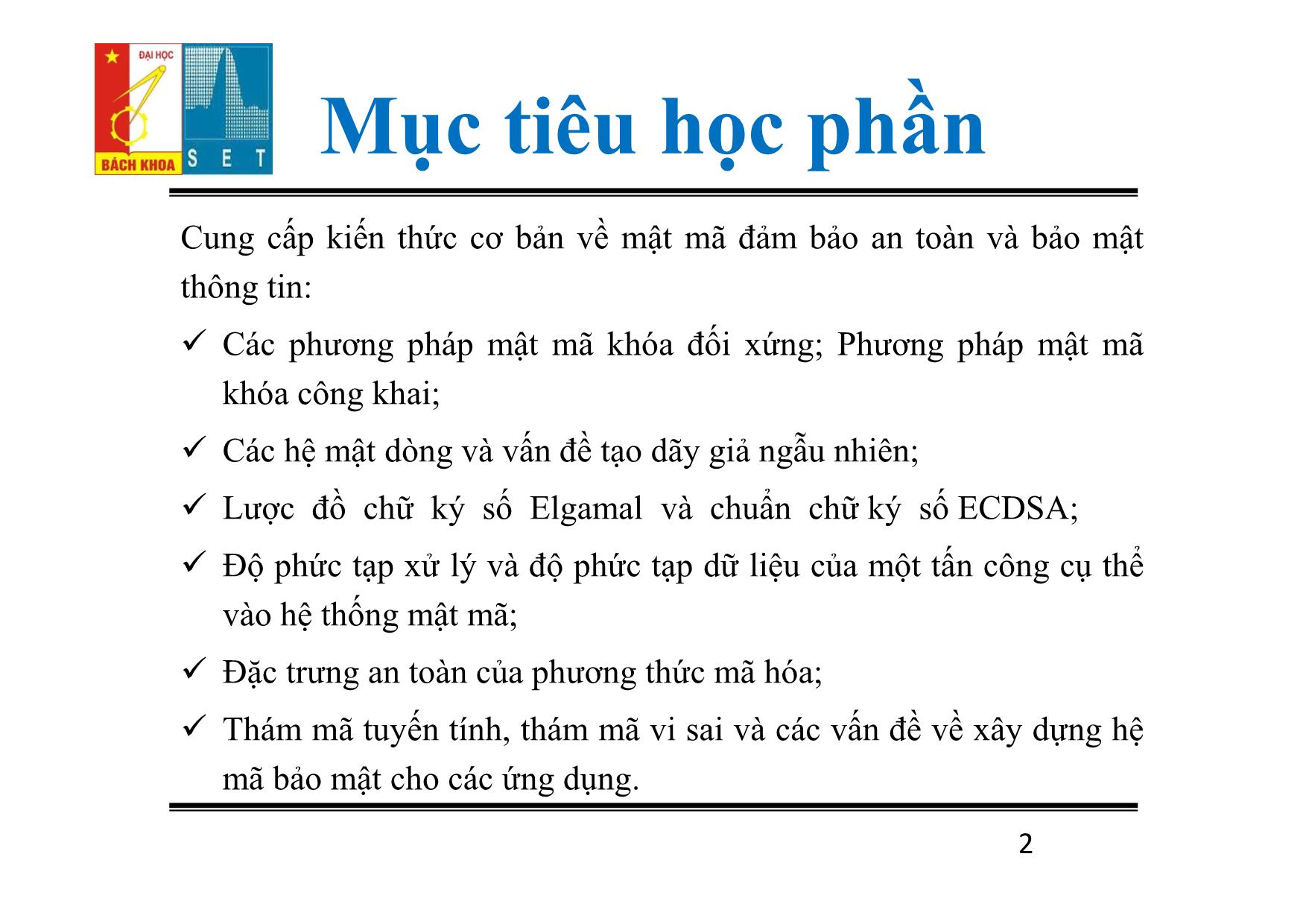 Bài giảng Lý thuyết mật mã - Chương 2: Mật mã khóa đối xứng - Đỗ Trọng Tuấn trang 2