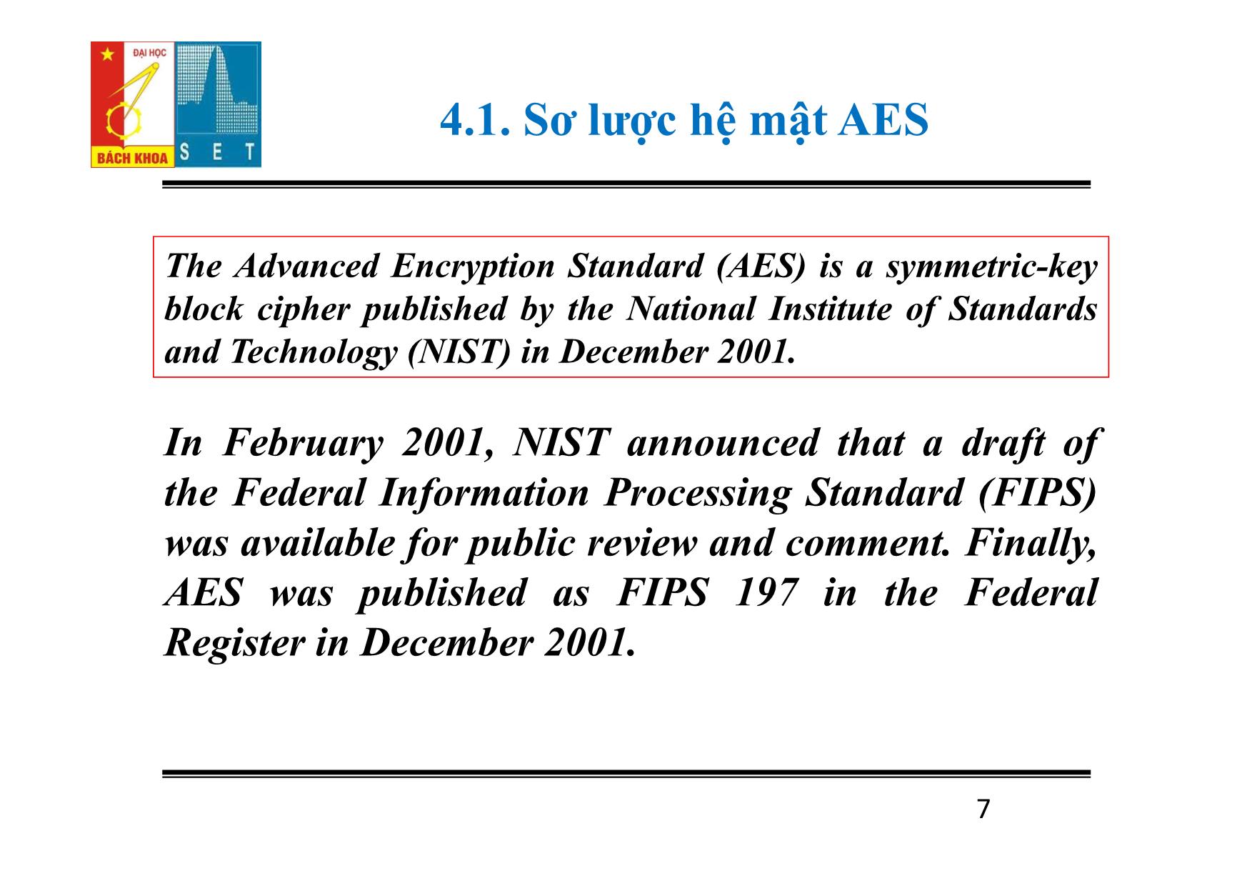 Bài giảng Lý thuyết mật mã - Chương 4: Hệ mật AES - Đỗ Trọng Tuấn trang 7