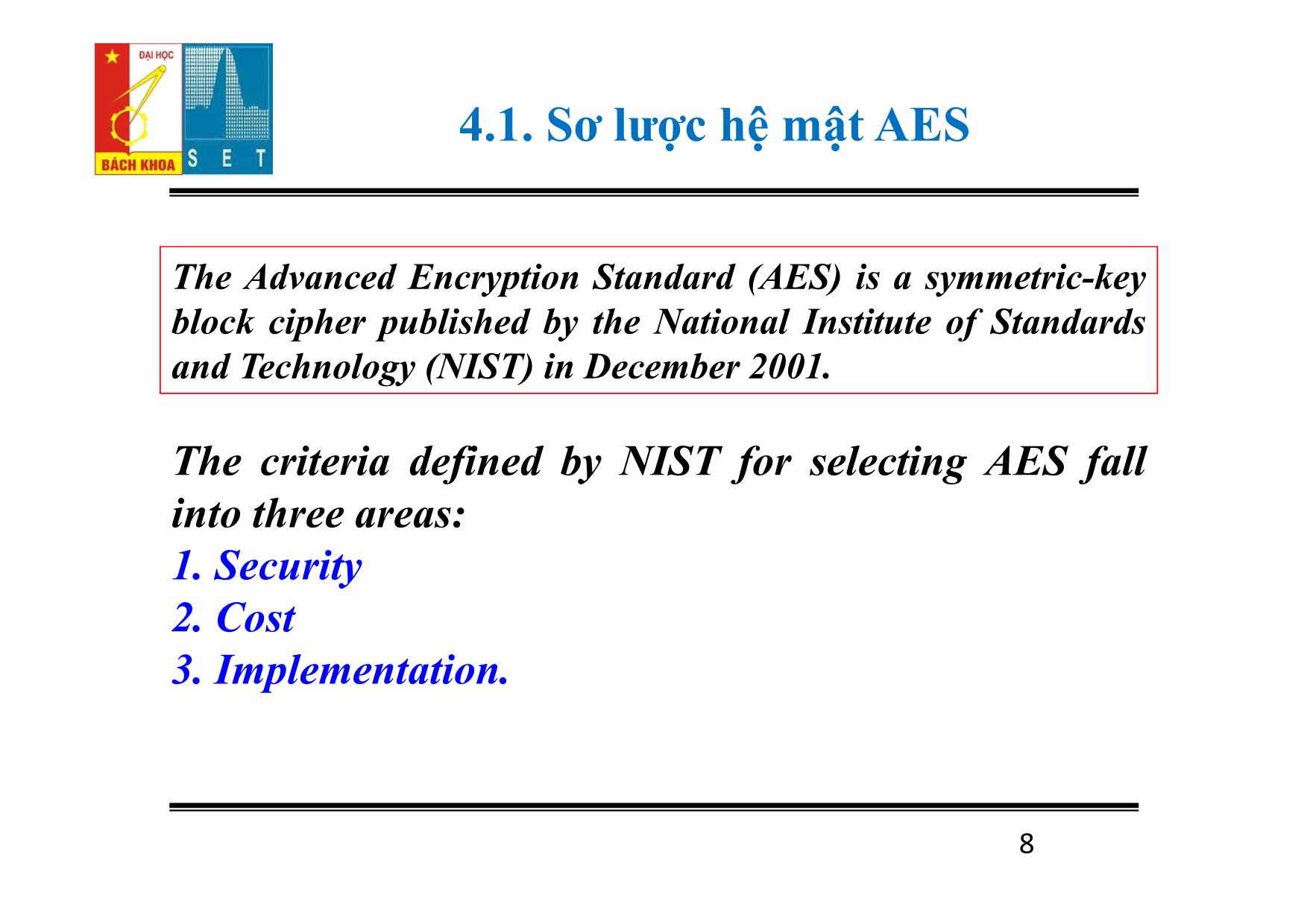 Bài giảng Lý thuyết mật mã - Chương 4: Hệ mật AES - Đỗ Trọng Tuấn trang 8
