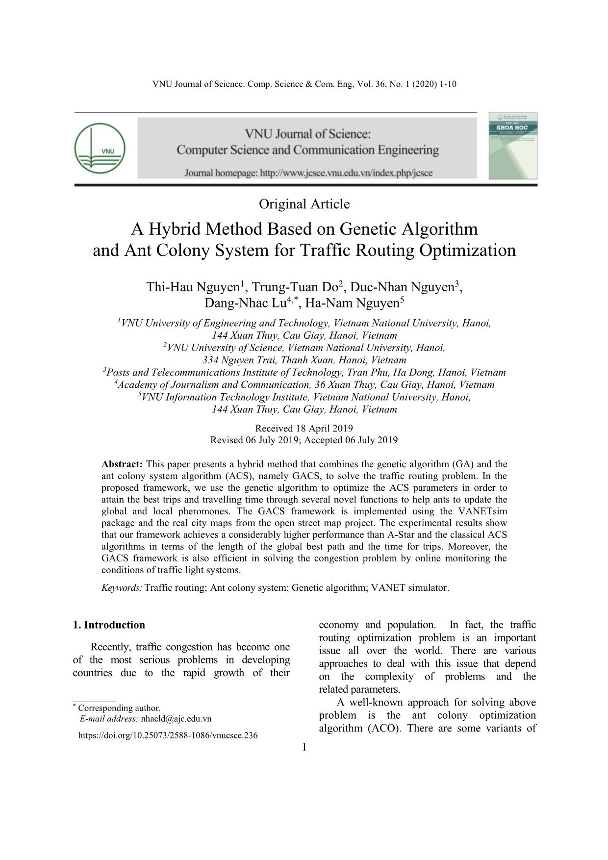 A hybrid method based on genetic algorithm and ant colony system for traffic routing optimization trang 1