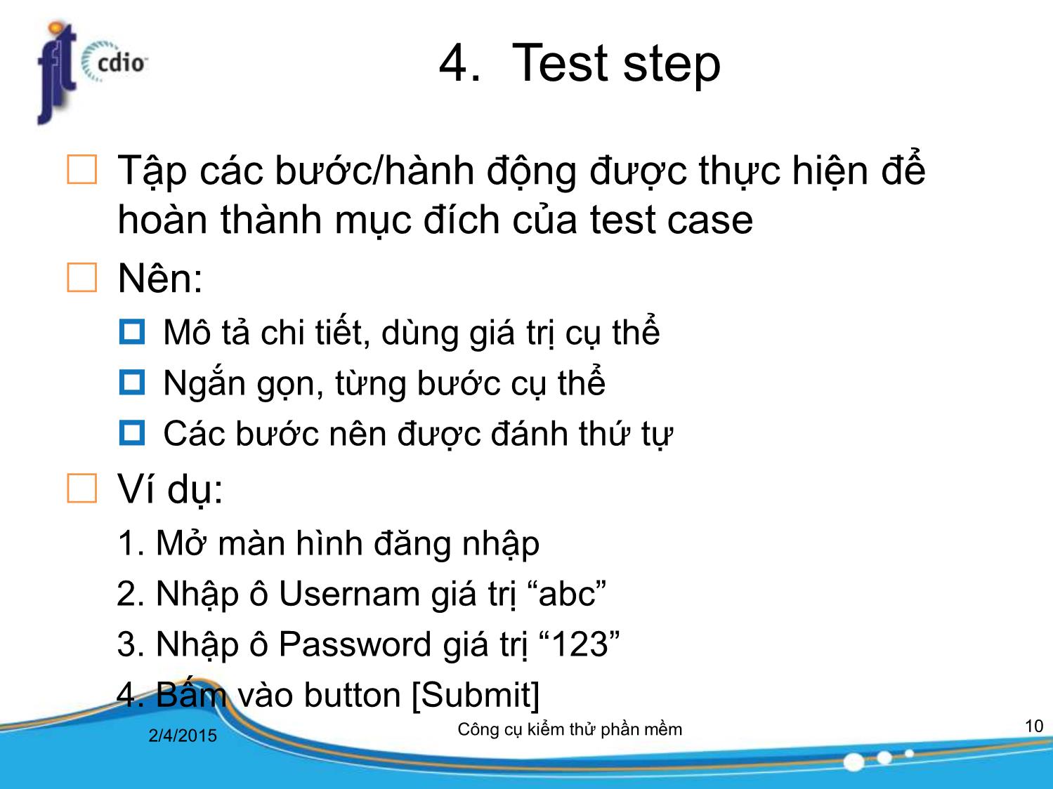 Bài giảng Công cụ kiểm thử phần mềm - Bài 4: Trường hợp kiểm thử trang 10