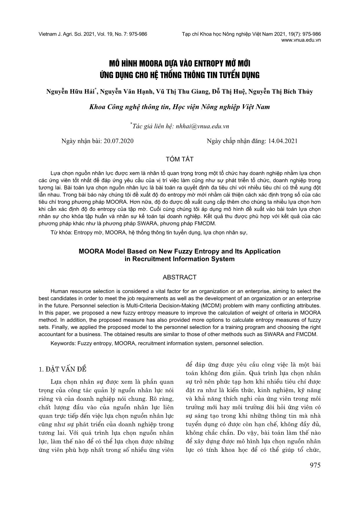 Mô hình MOORA dựa vào entropy mờ mới ứng dụng cho hệ thống thông tin tuyển dụng trang 1
