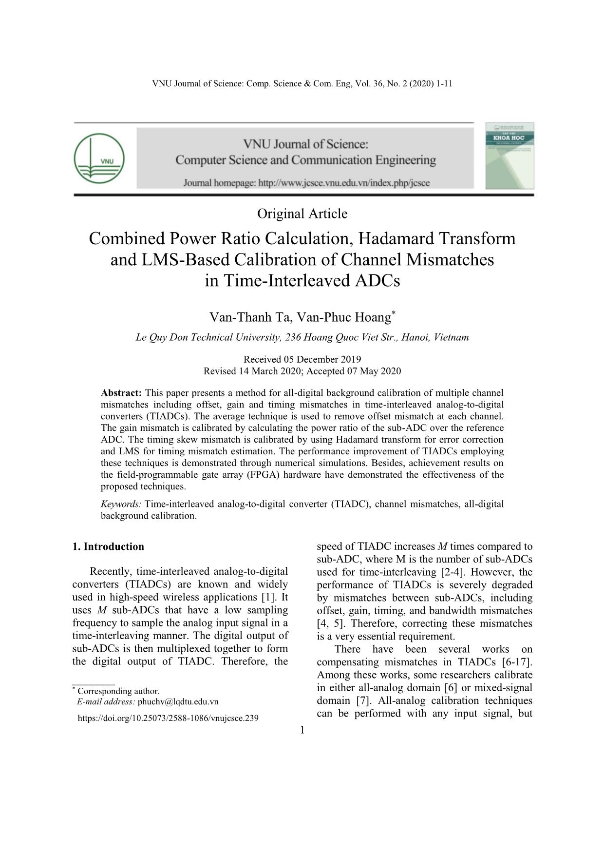 Combined power ratio calculation, hadamard transform and lms - Based calibration of channel mismatches in time - interleaved adcs trang 1