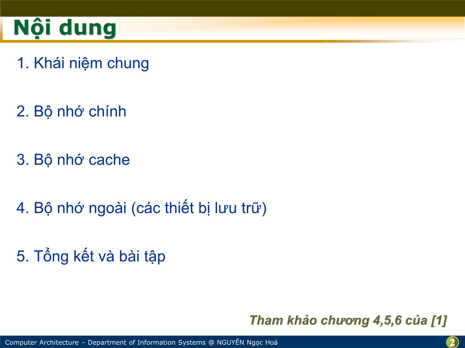 Bài giảng Kiến trúc máy tính - Bài: Bộ nhớ và các thiết bị lưu trữ - Nguyễn Ngọc Hóa trang 2