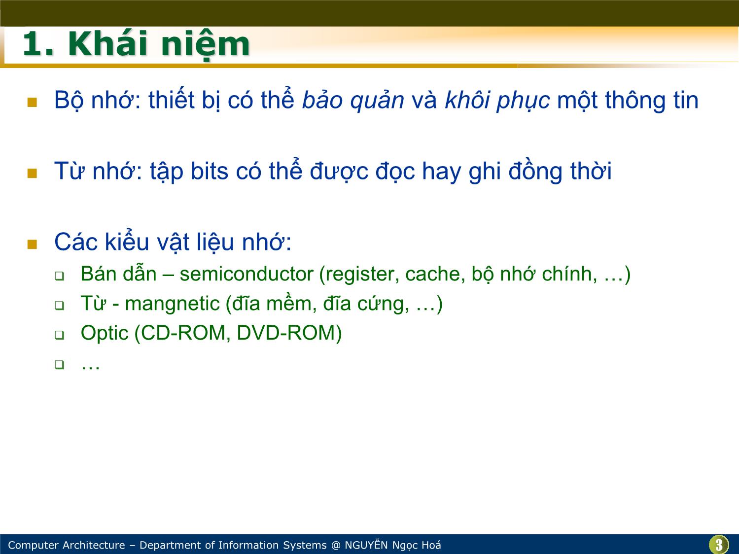 Bài giảng Kiến trúc máy tính - Bài: Bộ nhớ và các thiết bị lưu trữ - Nguyễn Ngọc Hóa trang 3