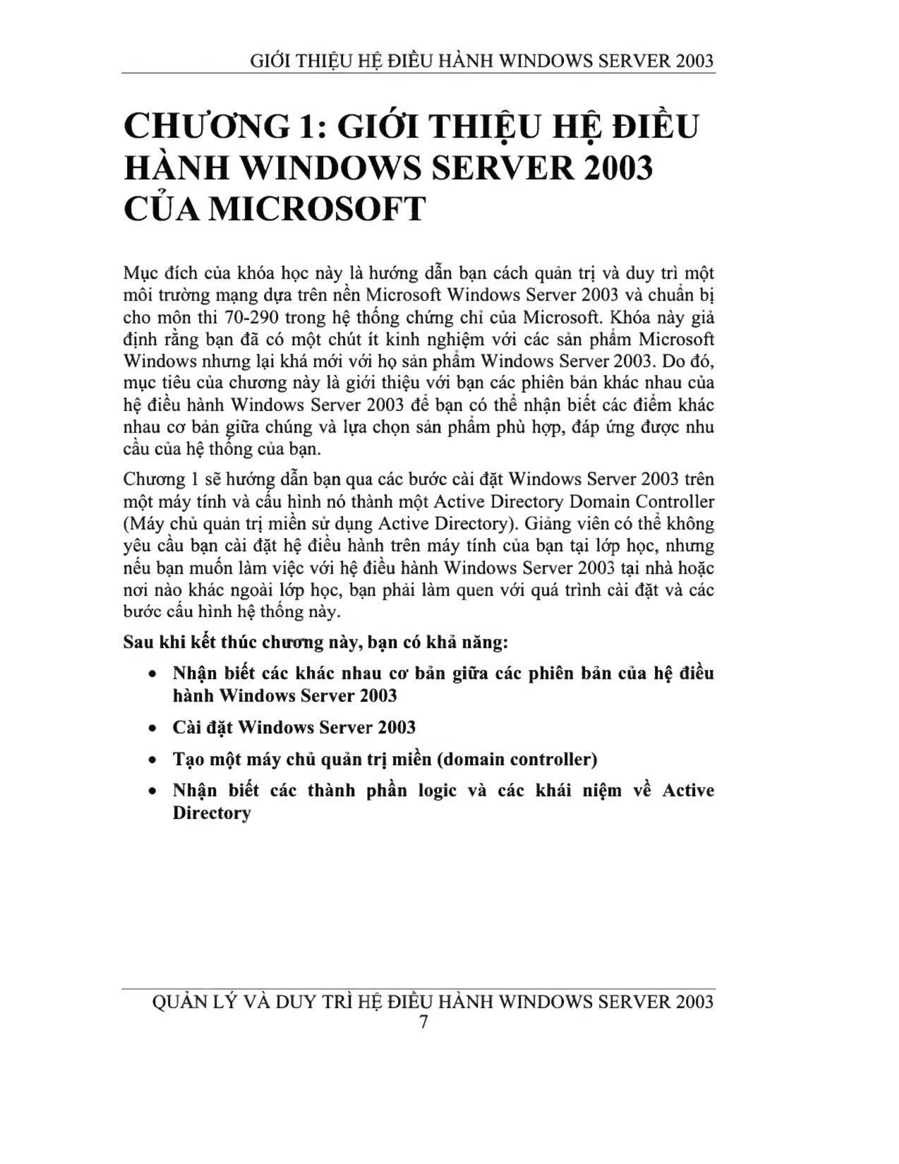 Giáo trình Quản lý và duy trì hệ điều hành Microsoft Windows Server 2003 (Phần 1) trang 7