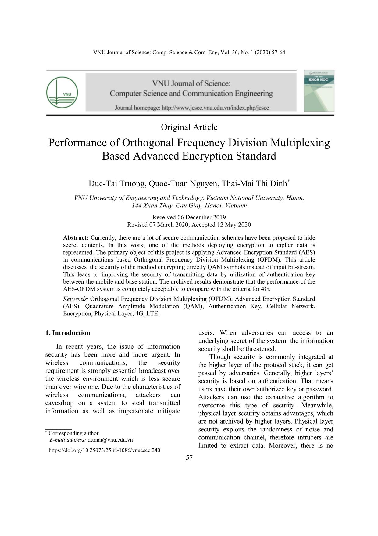 Performance of orthogonal frequency division multiplexing based advanced encryption standard trang 1