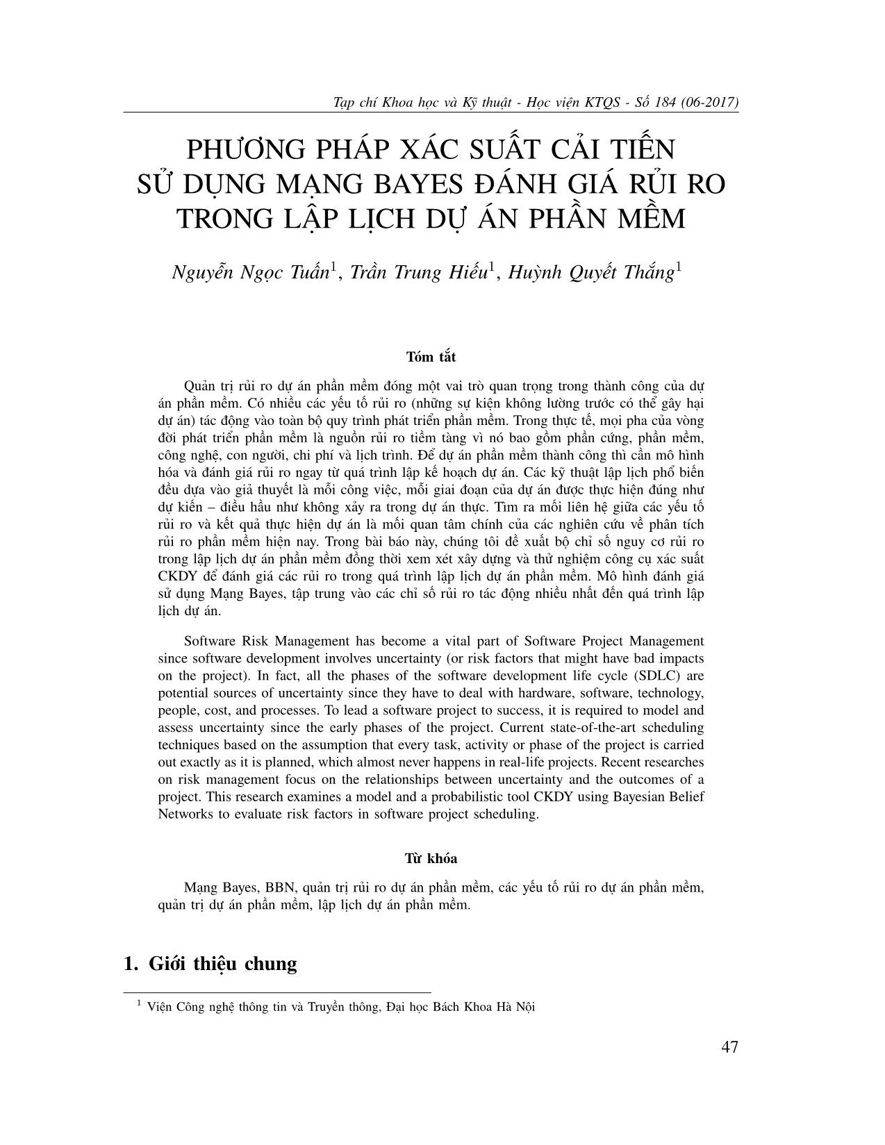 Phương pháp xác suất cải tiến sử dụng mạng bayes đánh giá rủi ro trong lập lịch dự án phần mềm trang 1