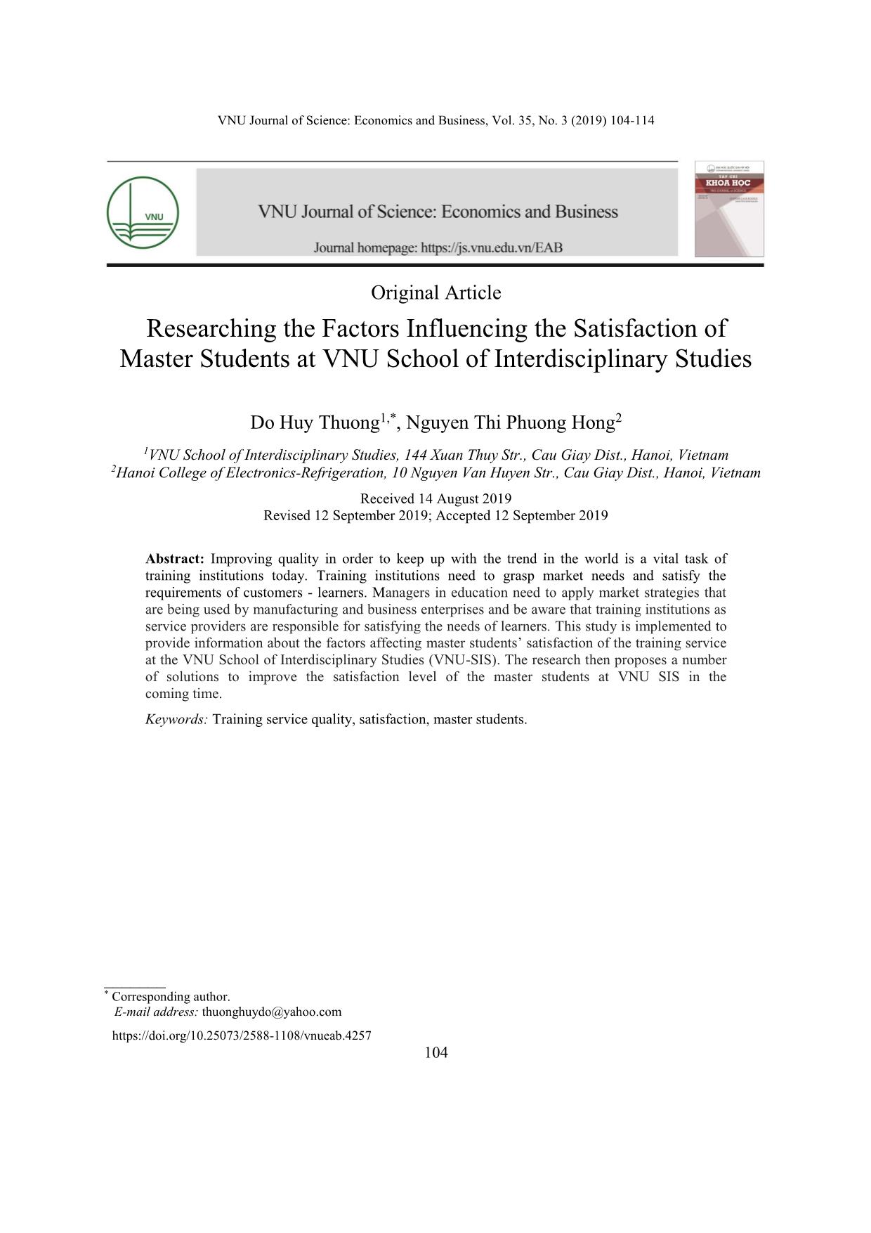 Researching the factors influencing the satisfaction of master students at vnu school of interdisciplinary studies trang 1