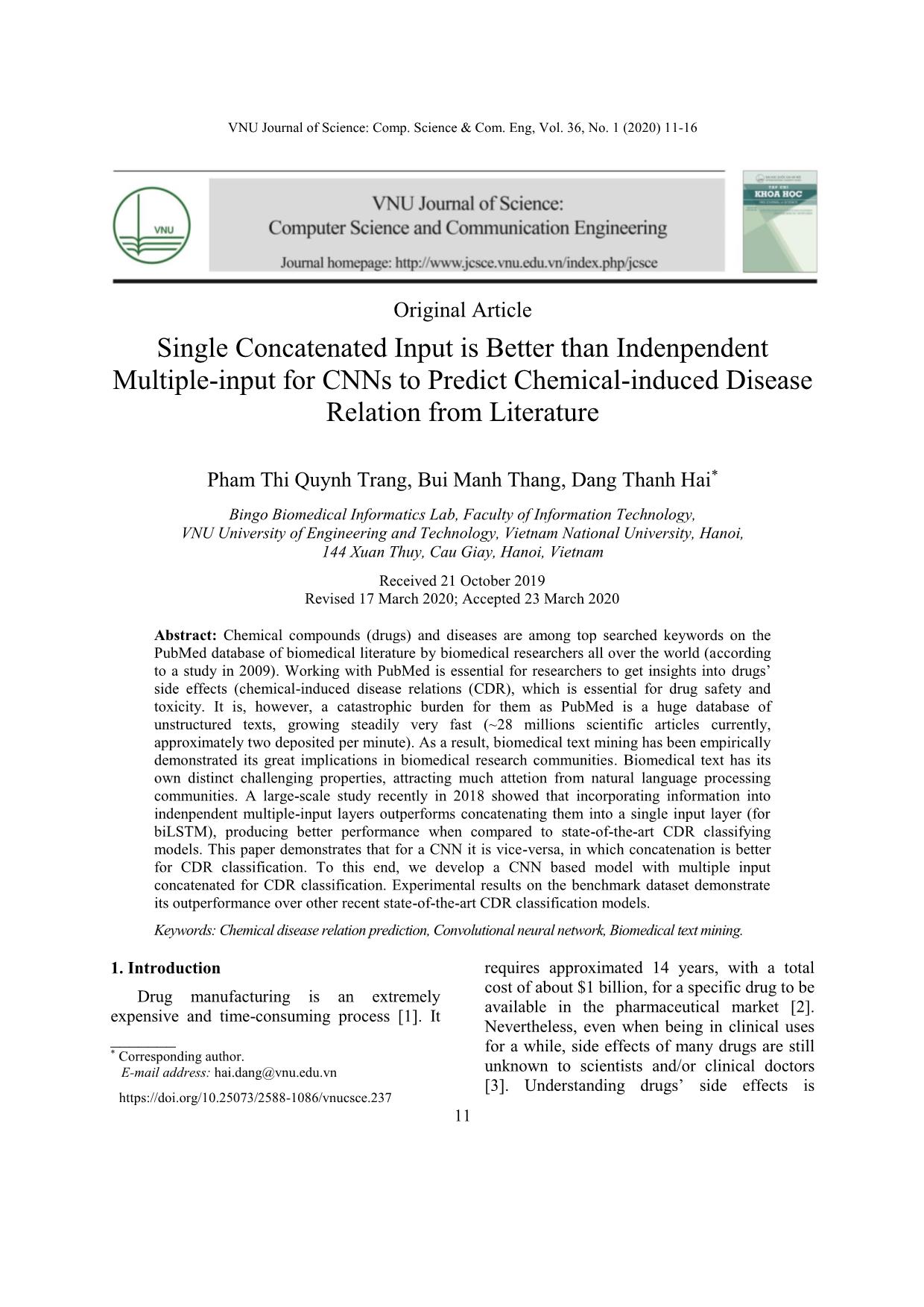 Single concatenated input is better than indenpendent multiple-Input for cnns to predict chemical - induced disease relation from literature trang 1