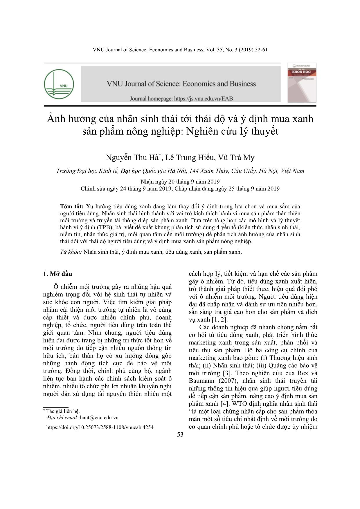 Ảnh hưởng của nhãn sinh thái tới thái độ và ý định mua xanh sản phẩm nông nghiệp: Nghiên cứu lý thuyết trang 2