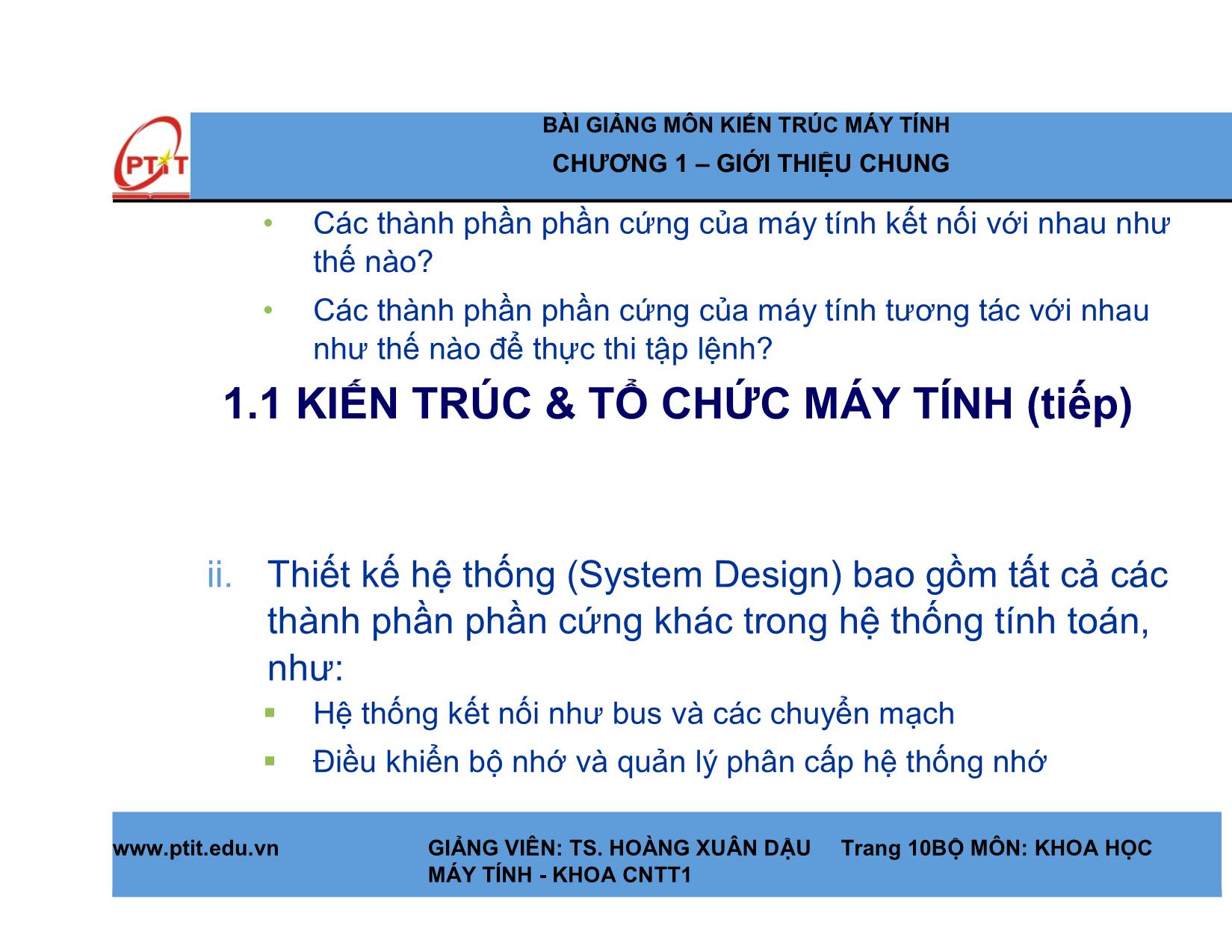 Bài giảng Kiến trúc máy tính - Chương 1: Giới thiệu chung - Hoàng Xuân Dậu trang 10