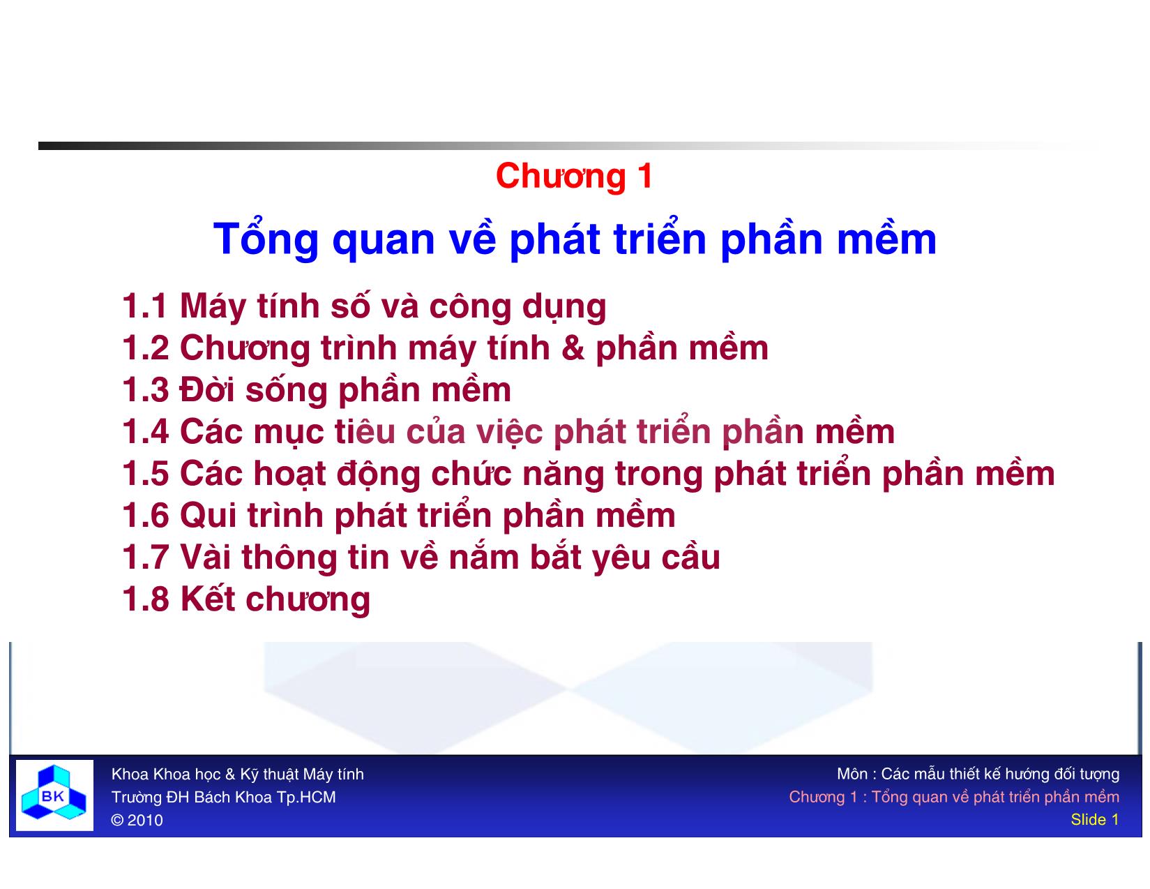 Bài giảng Các mẫu thiết kế hướng đối tượng - Chương 1: Tổng quan về phát triển phần mềm trang 1