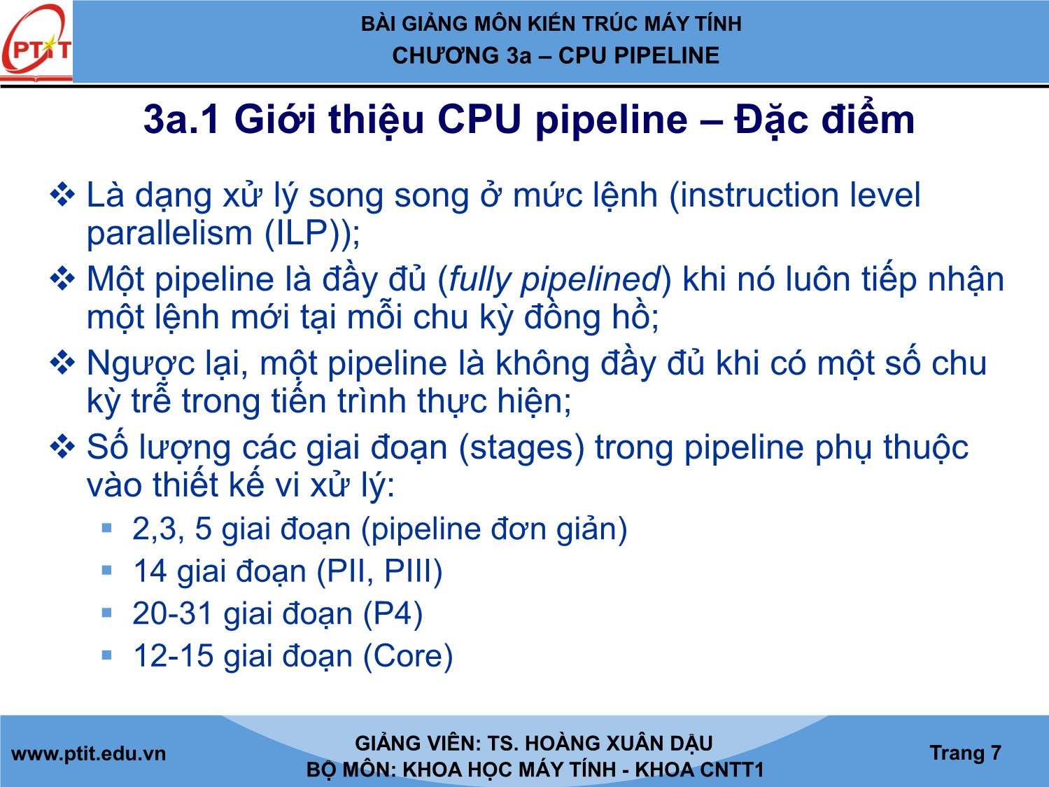 Bài giảng Kiến trúc máy tính - Chương 3a: CPU pipeline - Hoàng Xuân Dậu trang 7