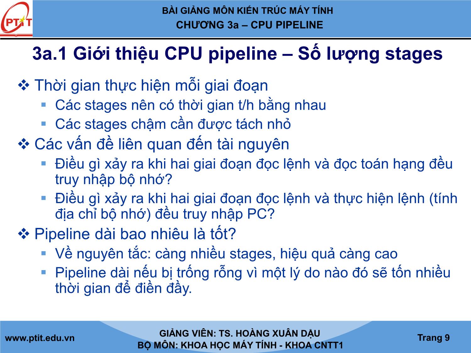 Bài giảng Kiến trúc máy tính - Chương 3a: CPU pipeline - Hoàng Xuân Dậu trang 9