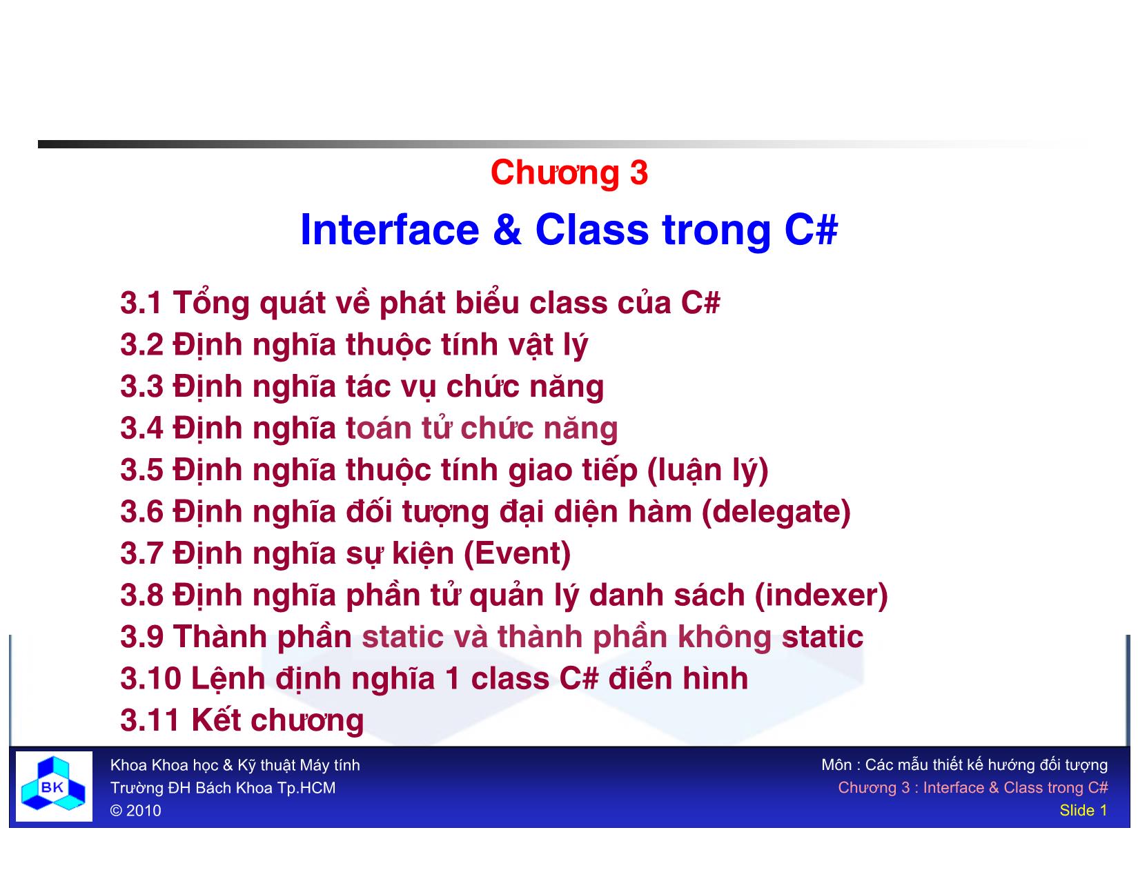 Bài giảng Các mẫu thiết kế hướng đối tượng - Chương 3: Interface và Class trong C# trang 1