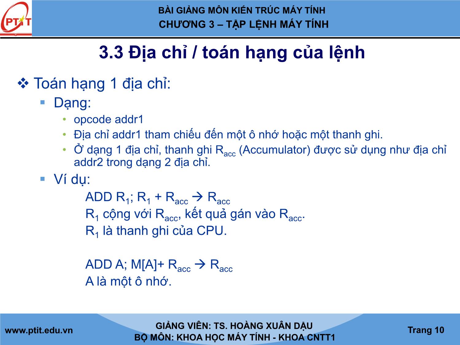 Bài giảng Kiến trúc máy tính - Chương 3: Tập lệnh máy tính - Hoàng Xuân Dậu trang 10