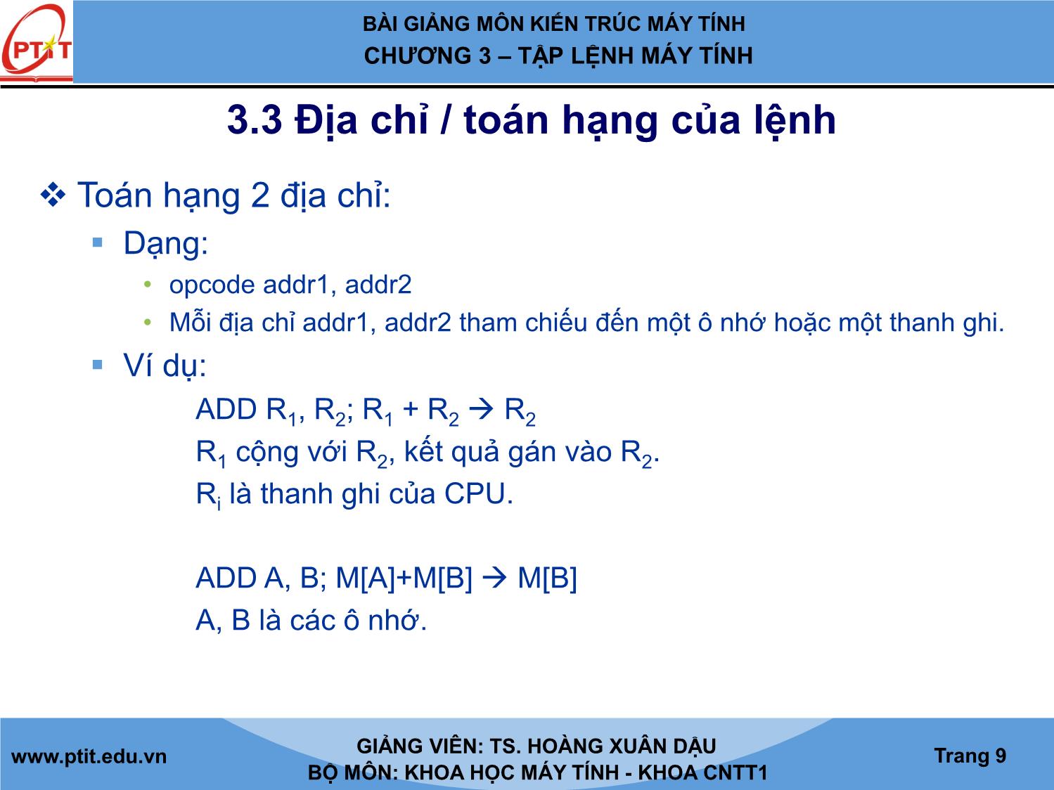 Bài giảng Kiến trúc máy tính - Chương 3: Tập lệnh máy tính - Hoàng Xuân Dậu trang 9