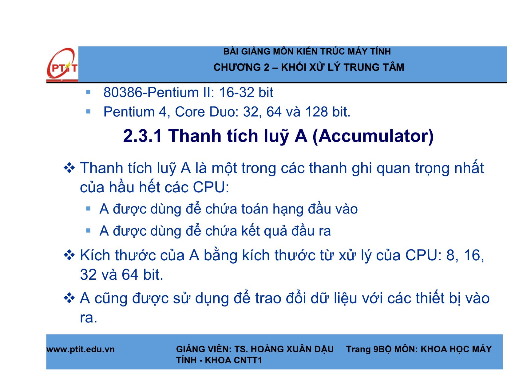 Bài giảng Kiến trúc máy tính - Chương 2: Khối xử lý trung tâm - Hoàng Xuân Dậu trang 9