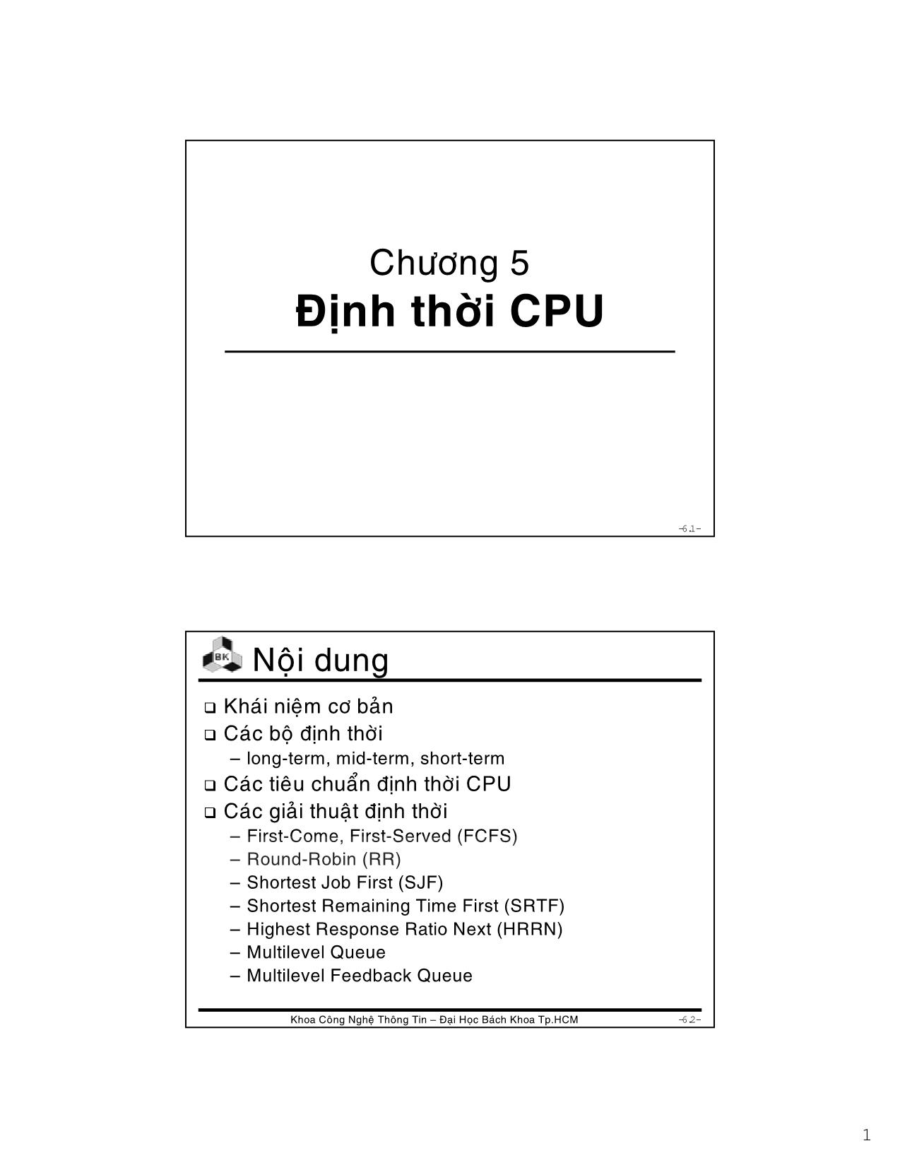 Bài giảng Hệ điều hành - Chương 5: Định thời CPU - Lê Ngọc Minh trang 1