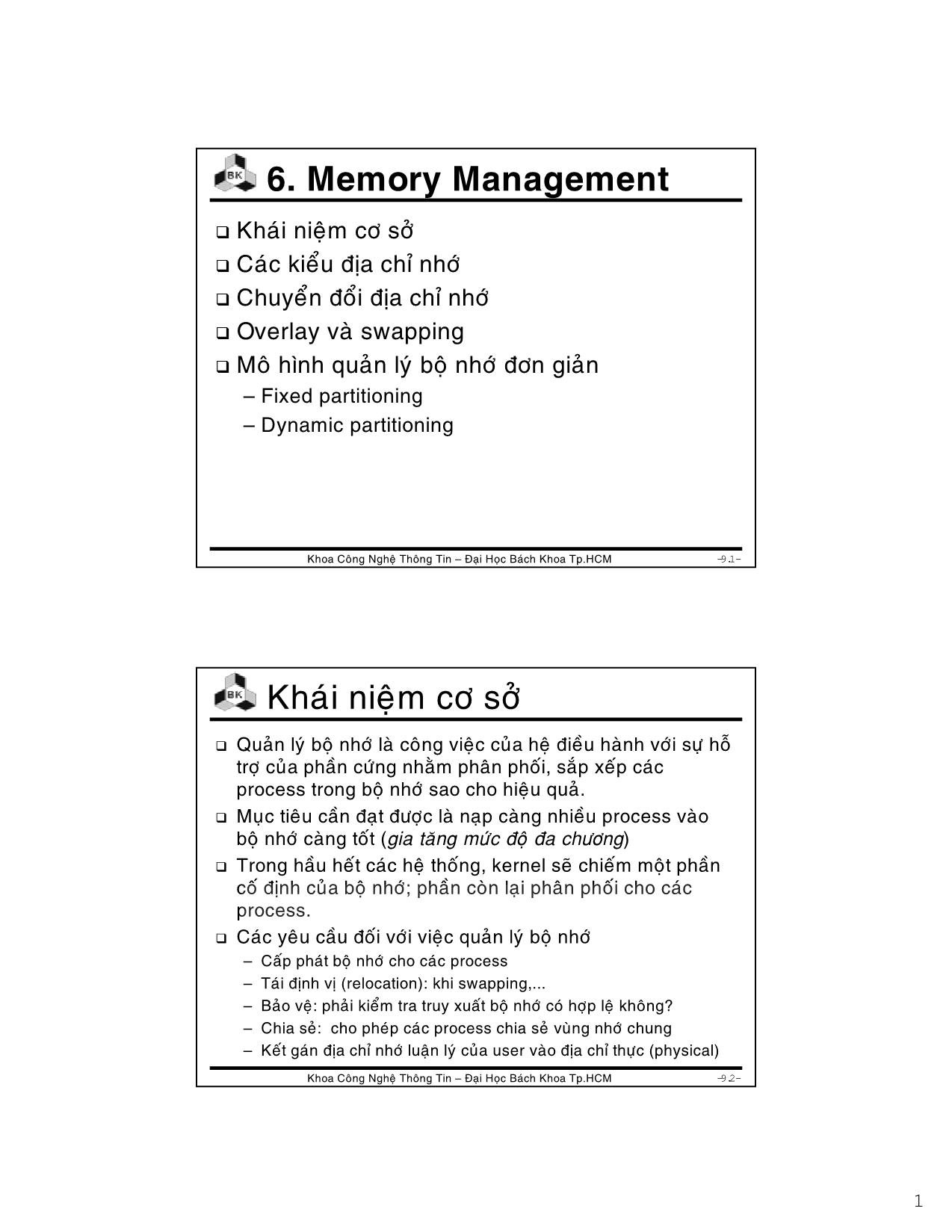 Bài giảng Hệ điều hành - Chương 6: Memory management - Lê Ngọc Minh trang 1