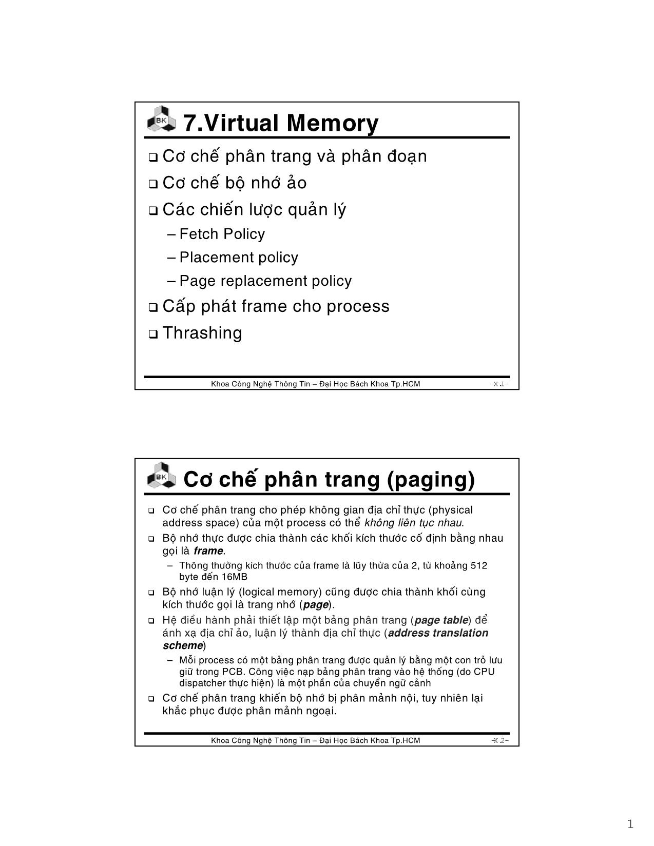 Bài giảng Hệ điều hành - Chương 7: Virtual memory - Lê Ngọc Minh trang 1