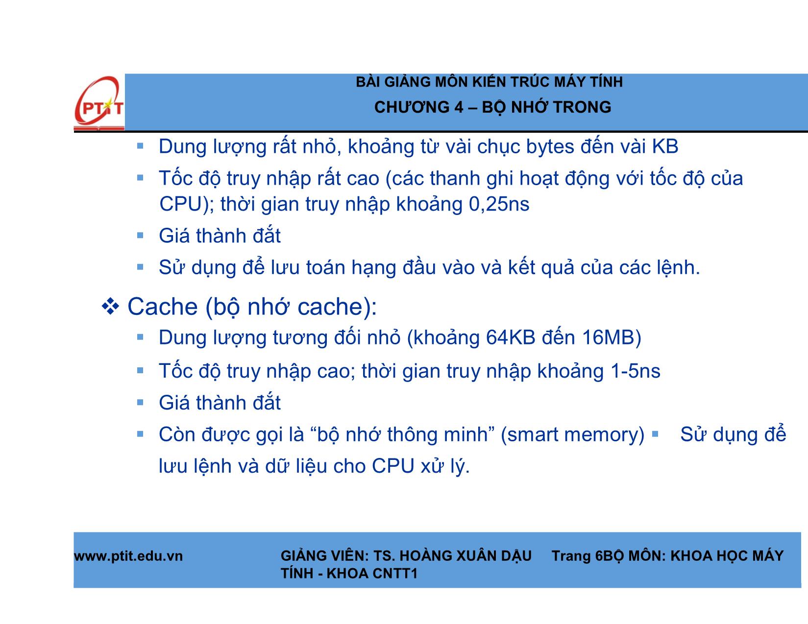 Bài giảng Kiến trúc máy tính - Chương 4: Bộ nhớ trong - Hoàng Xuân Dậu trang 6