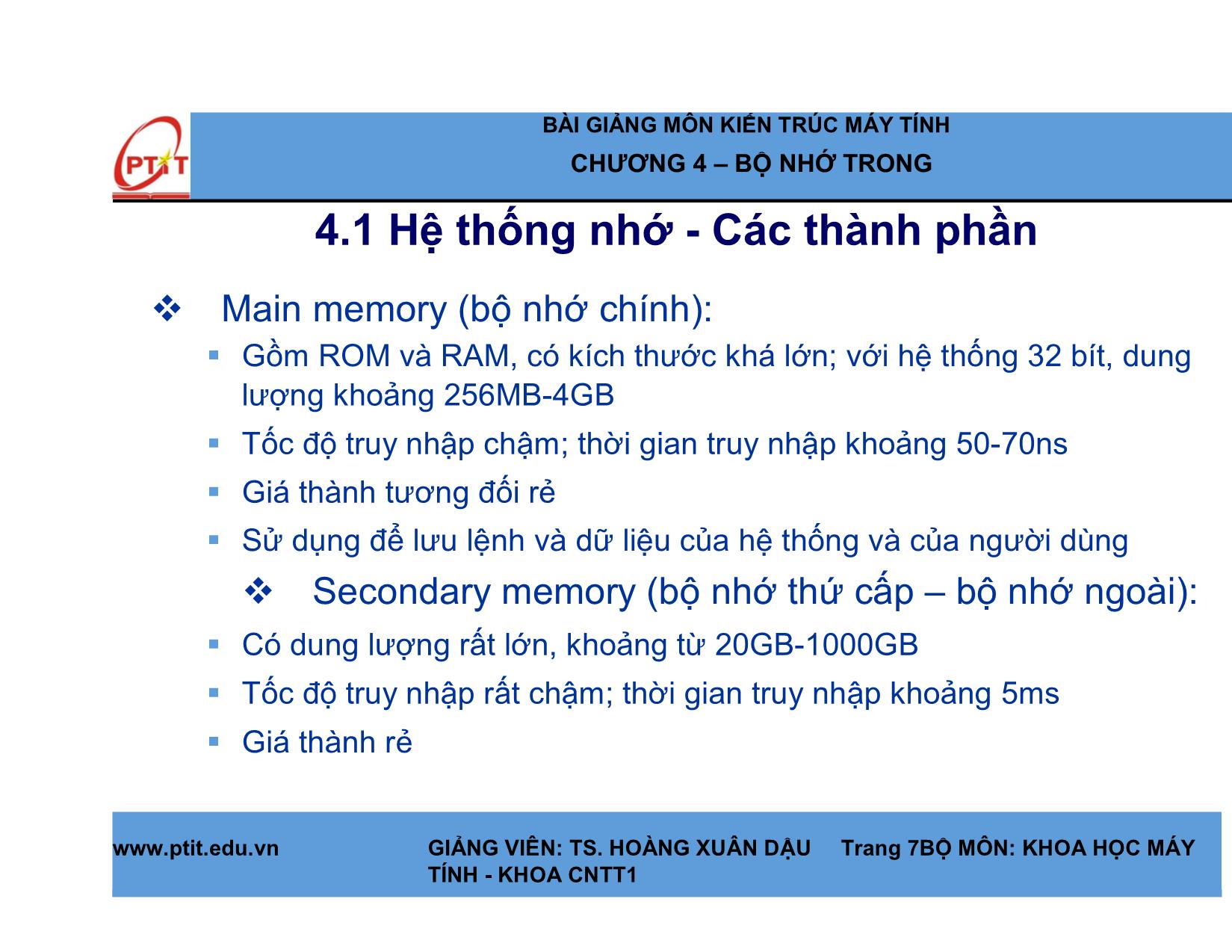 Bài giảng Kiến trúc máy tính - Chương 4: Bộ nhớ trong - Hoàng Xuân Dậu trang 7