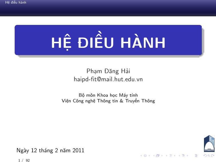 Bài giảng Hệ điều hành - Chương 1: Tổng quan về hệ điều hành - Phan Đăng Hải trang 1