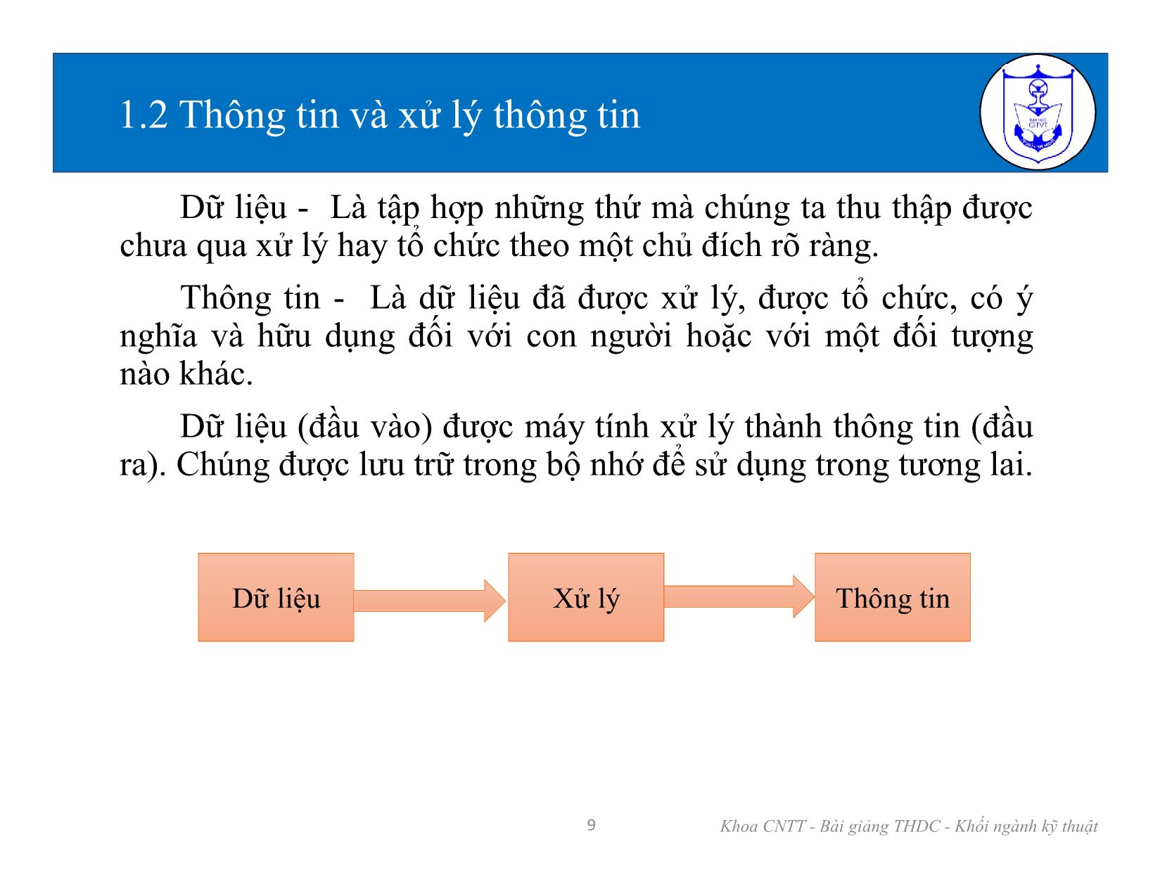 Bài giảng Kiến trúc máy tính (Phần 1) - Chương 1: Các kiến thức cơ bản về tin học - Nguyễn Văn Huy trang 9