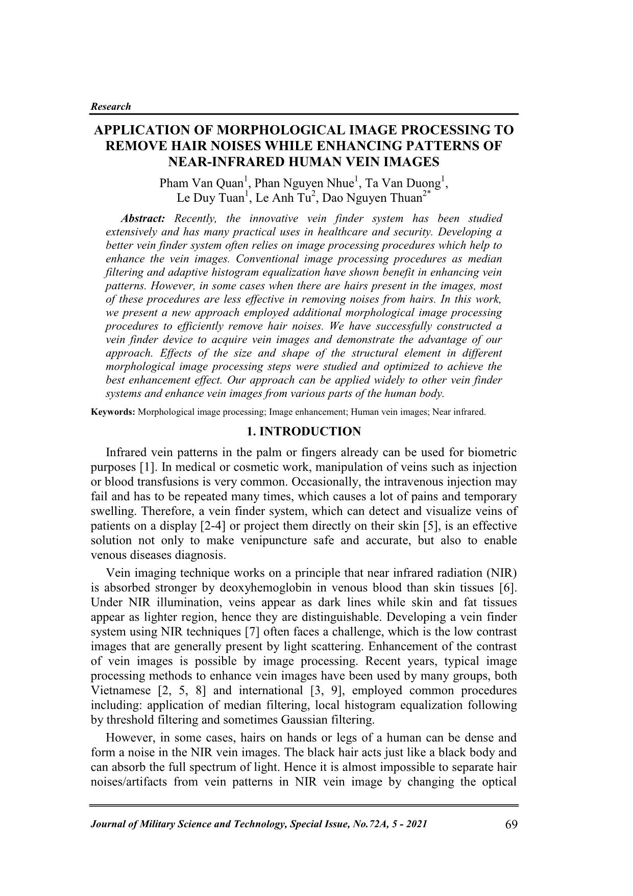 Application of morphological image processing to remove hair noises while enhancing patterns of near-Infrared human vein images trang 1