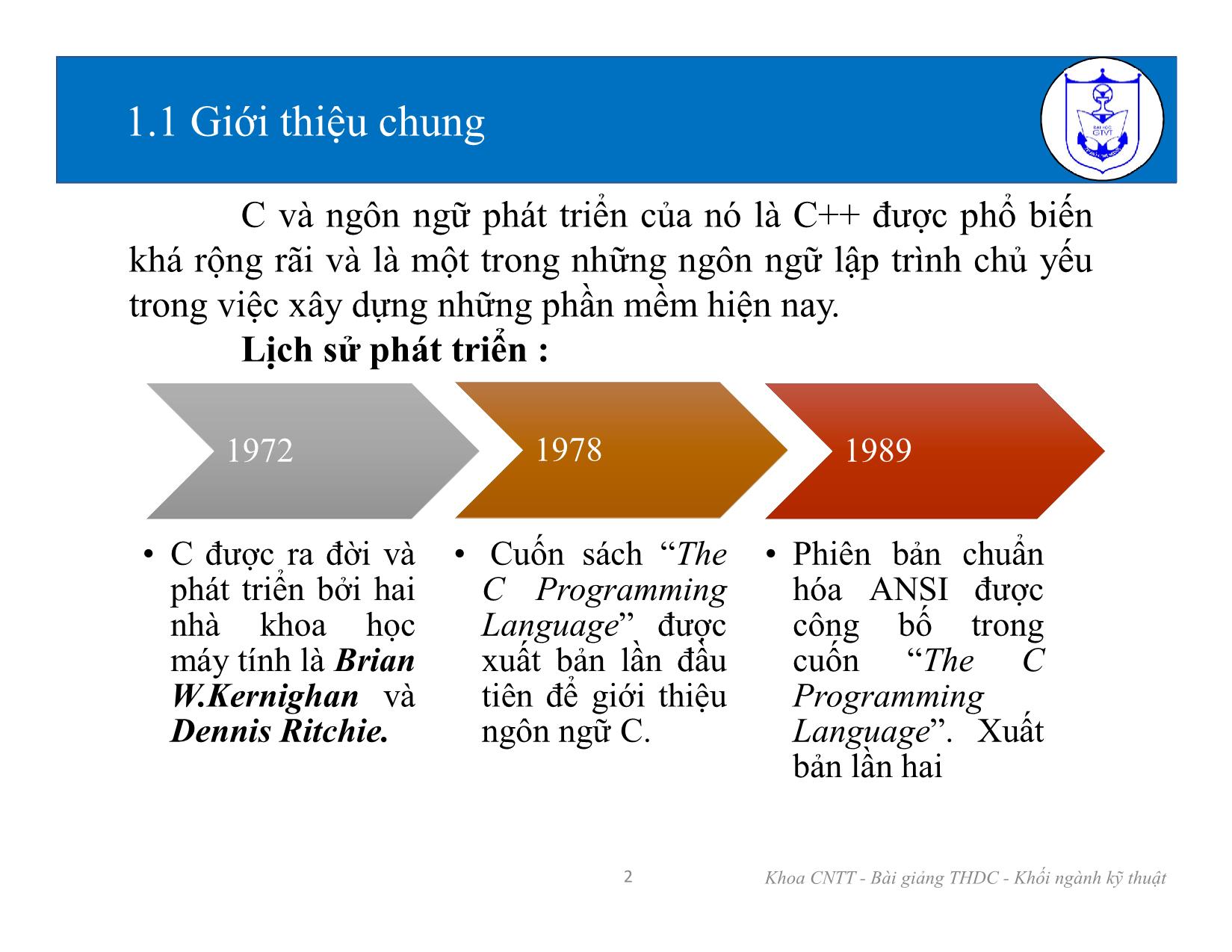 Bài giảng Kiến trúc máy tính (Phần 2) - Chương 1: Tổng quan về ngôn ngữ lập trình C - Nguyễn Văn Huy trang 2