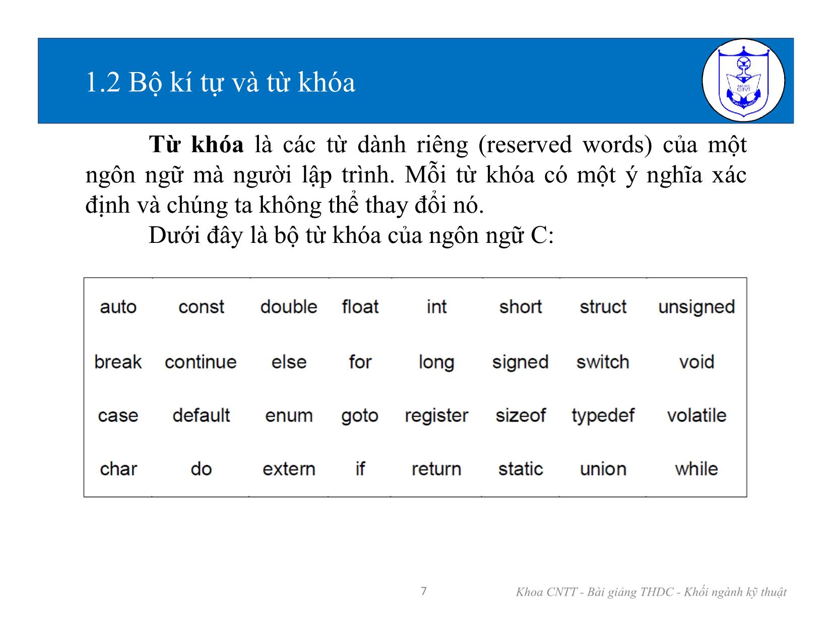 Bài giảng Kiến trúc máy tính (Phần 2) - Chương 1: Tổng quan về ngôn ngữ lập trình C - Nguyễn Văn Huy trang 7