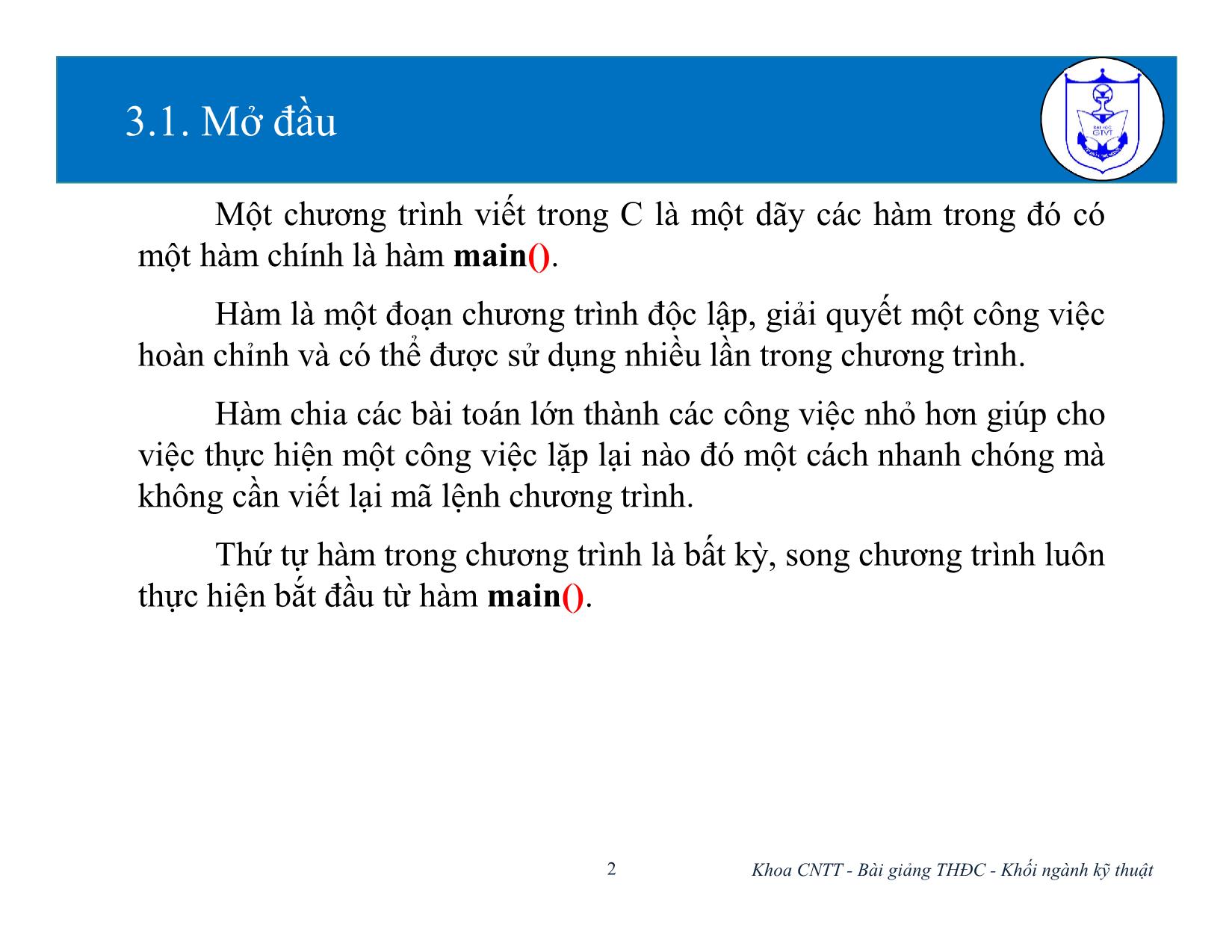 Bài giảng Kiến trúc máy tính (Phần 2) - Chương 3: Hàm và tổ chức chương trình - Nguyễn Văn Huy trang 2