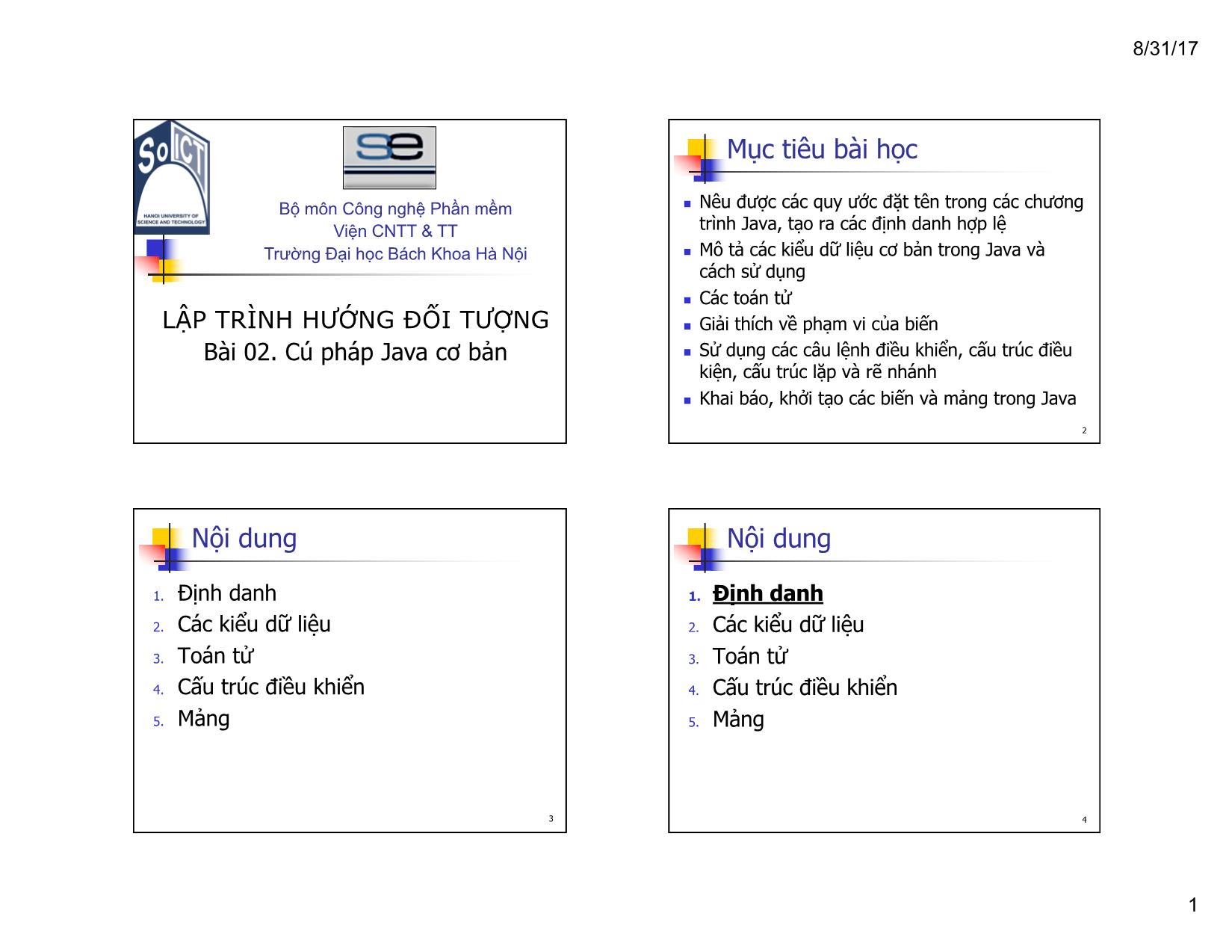 Bài giảng Lập trình hướng đối tượng - Chương 2: Cú pháp Java cơ bản trang 1