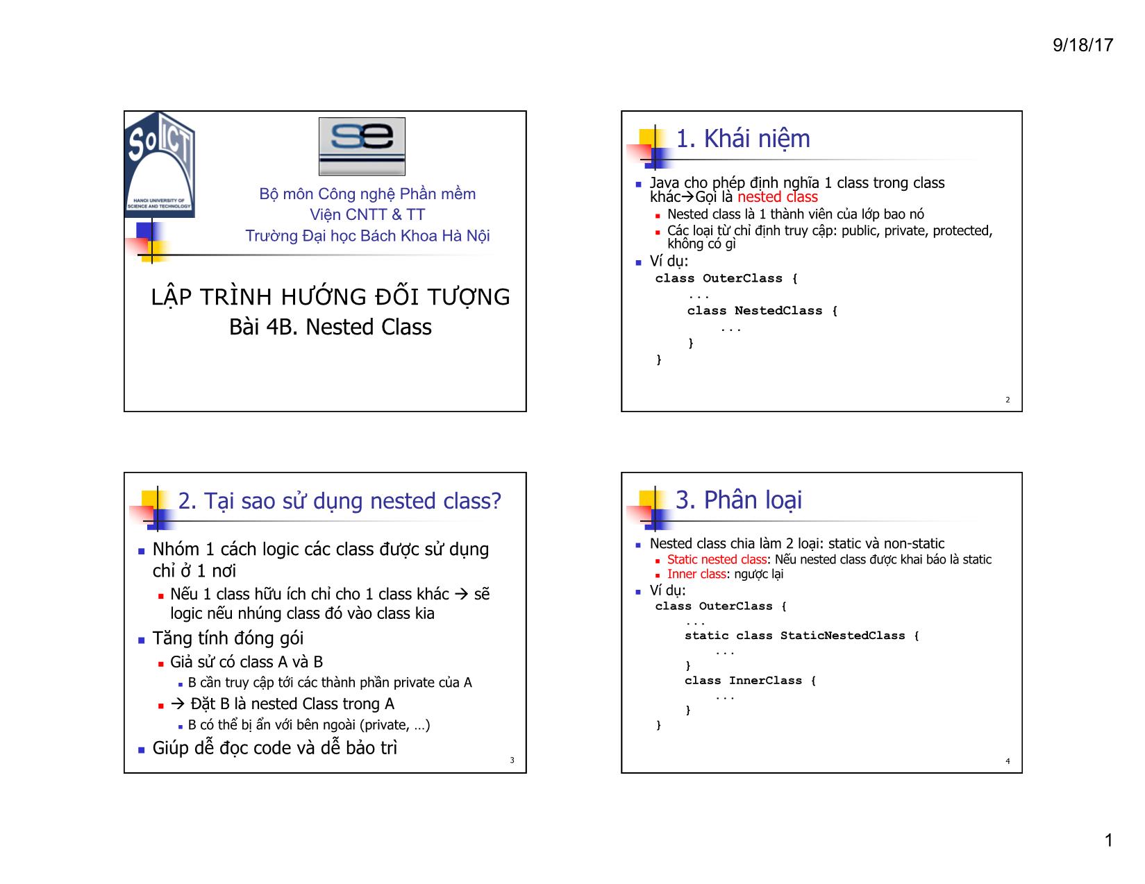 Bài giảng Lập trình hướng đối tượng - Chương 4, Phần 2: Nested Class trang 1