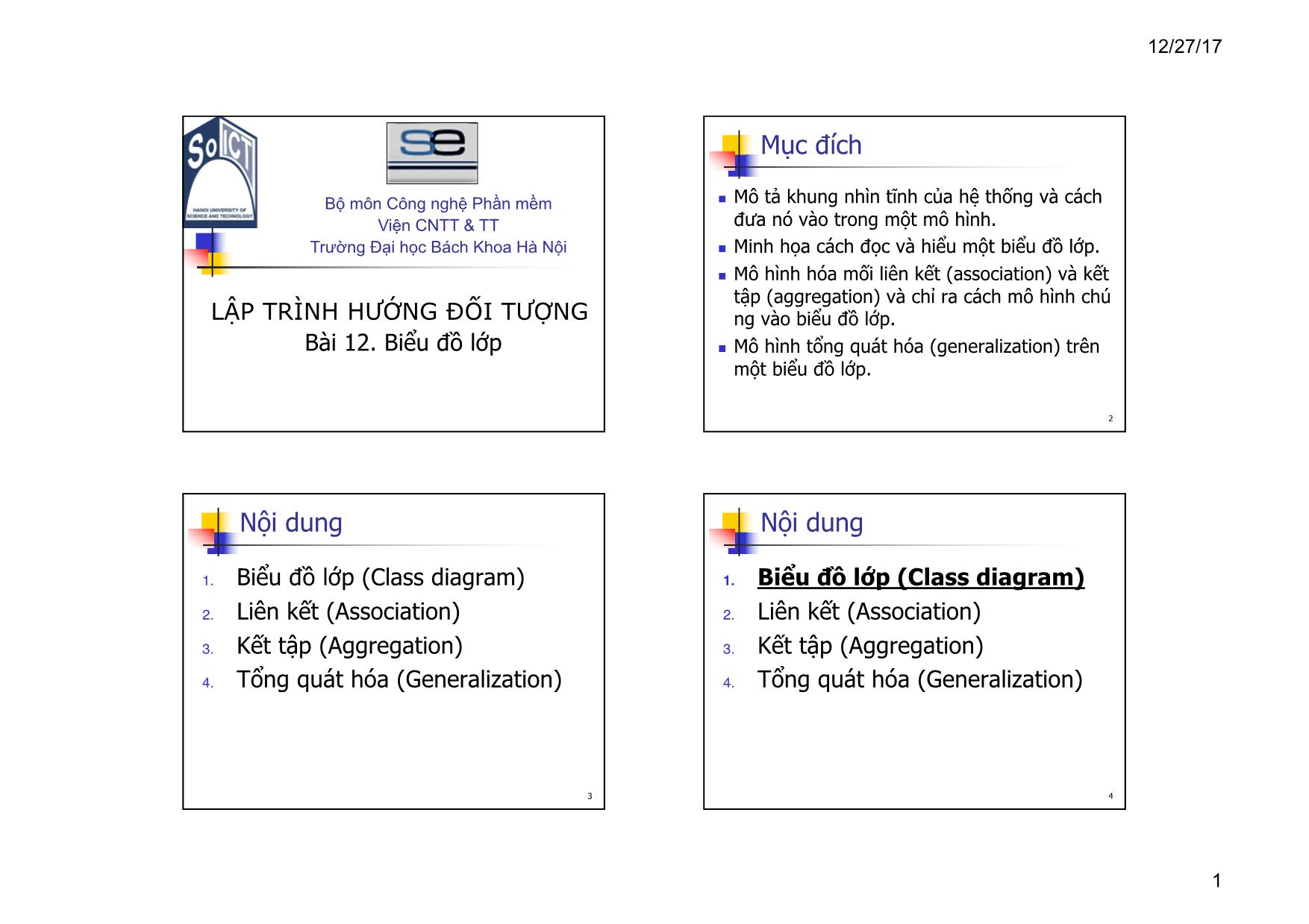 Bài giảng Lập trình hướng đối tượng - Chương 12: Biểu đồ lớp trang 1